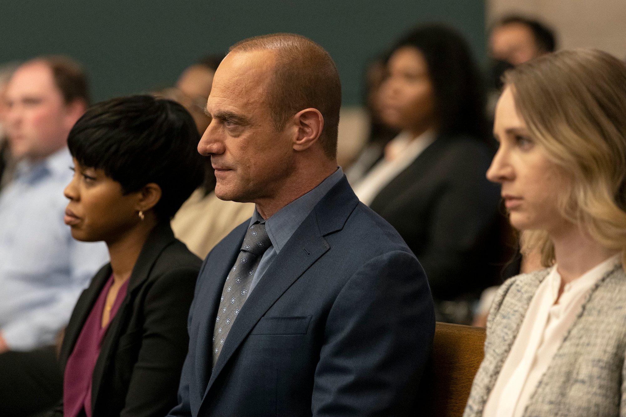 Danielle Moné Truitt as Sergeant Ayanna Bell, Christopher Meloni as Detective Elliot Stabler, Allison Siko as Kathleen Stabler