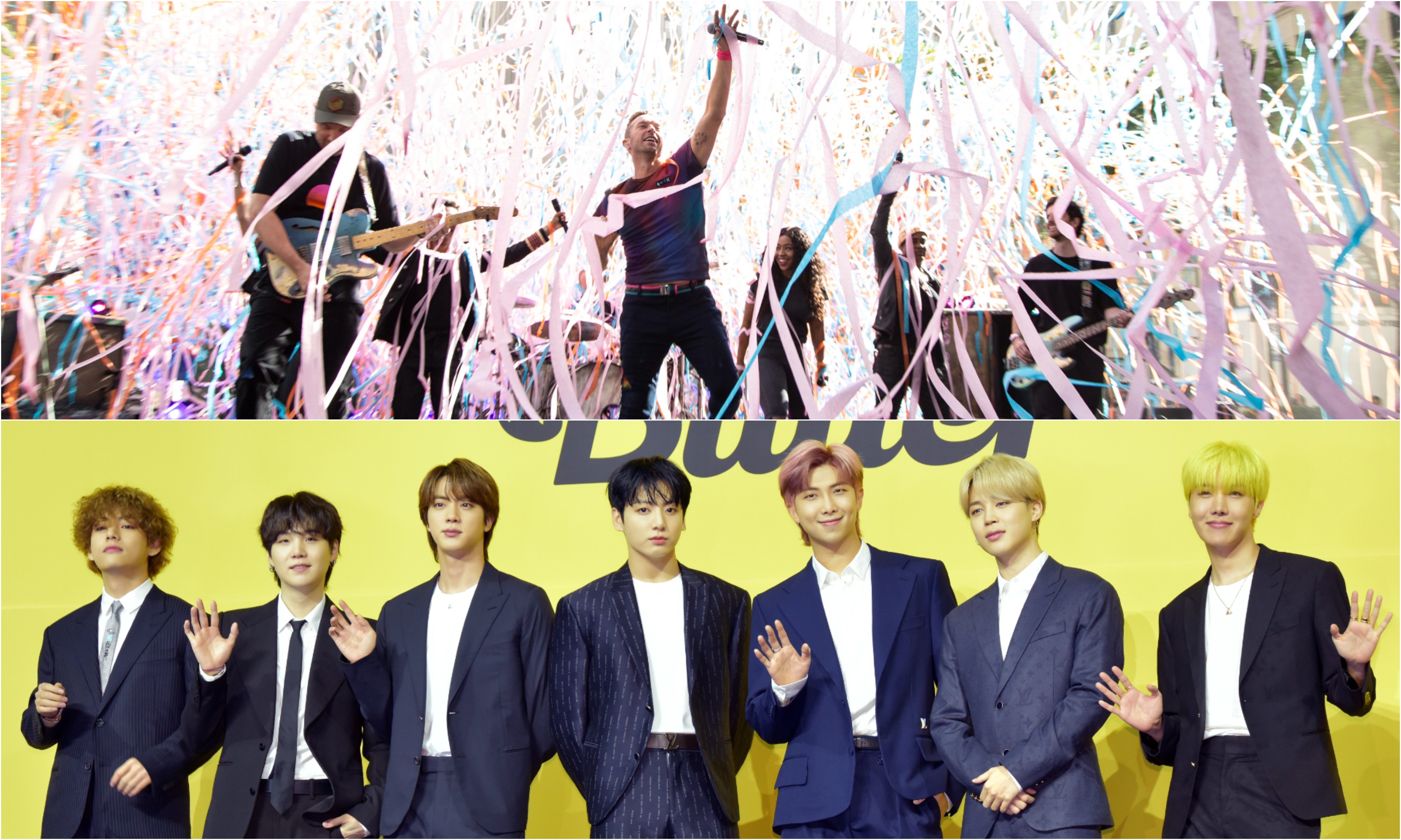 A joined photo of Coldplay performing and the members of BTS