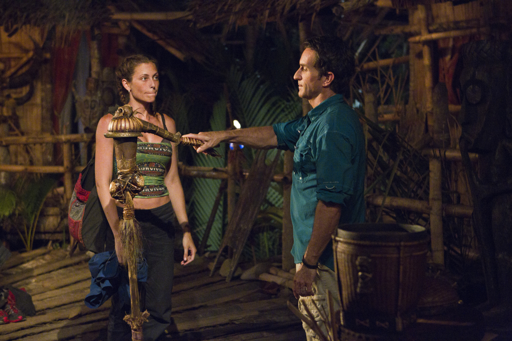 'Survivor' contestant Corinne Kaplan and Jeff Probst during her 'Survivor' elimination ceremony