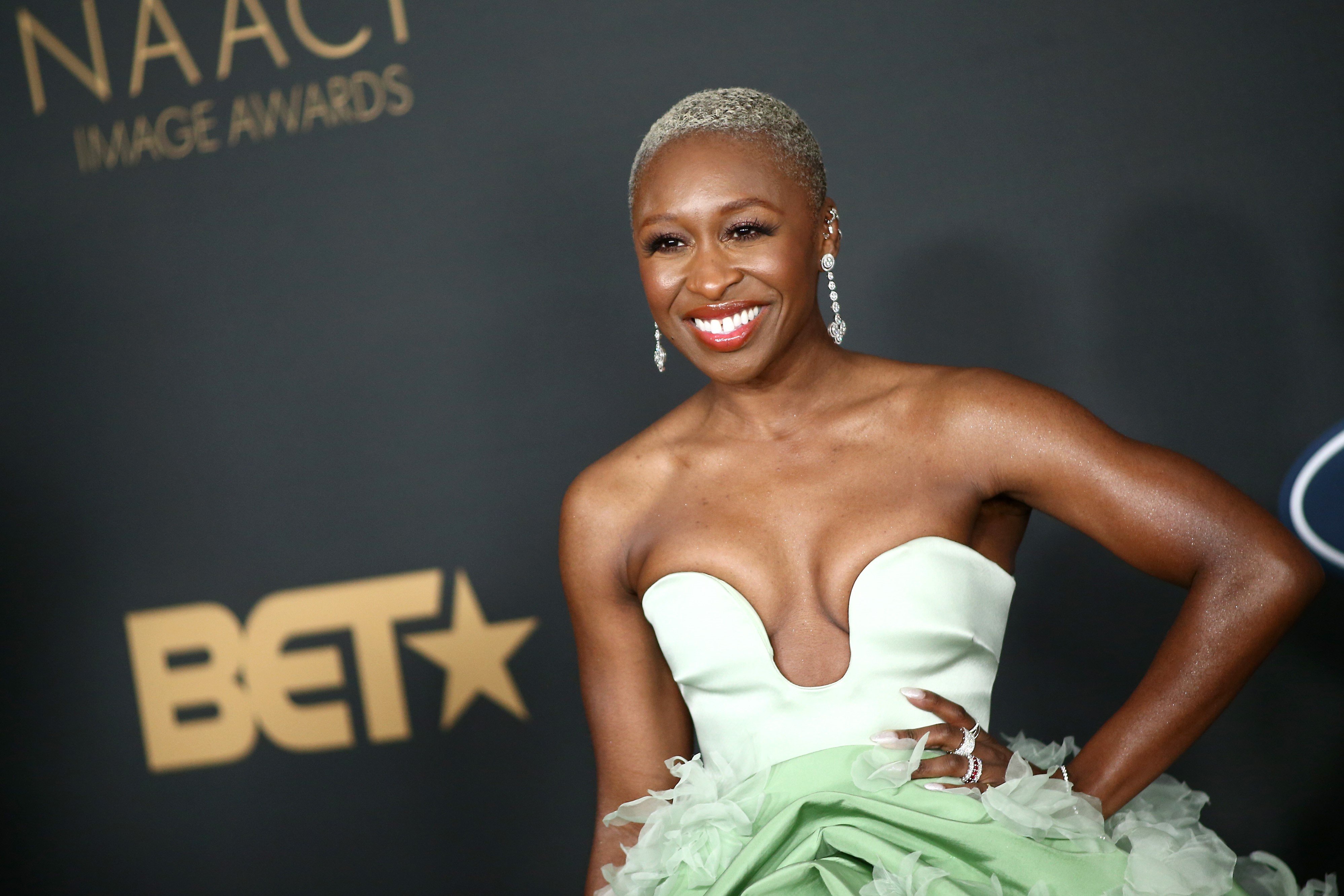 Cynthia Erivo, in a white and green gown, at the NAACP Image Awards in 2020.