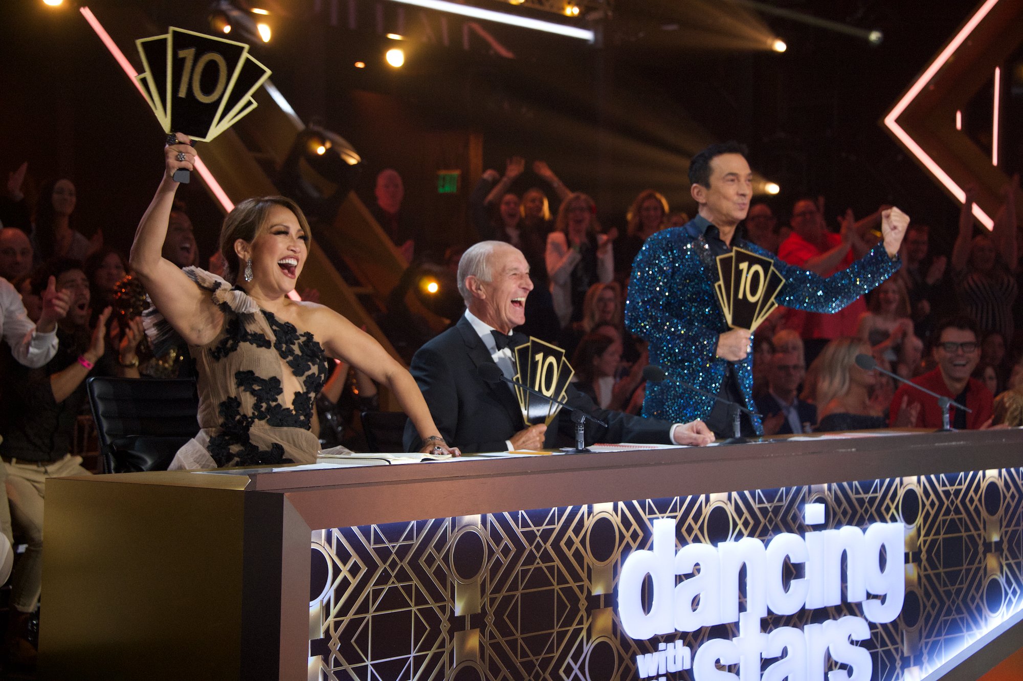 Carrie Ann Inaba, Len Goodman, and Bruno Tonioli at the judges panel during the 2019 finale of 'Dancing With the Stars'