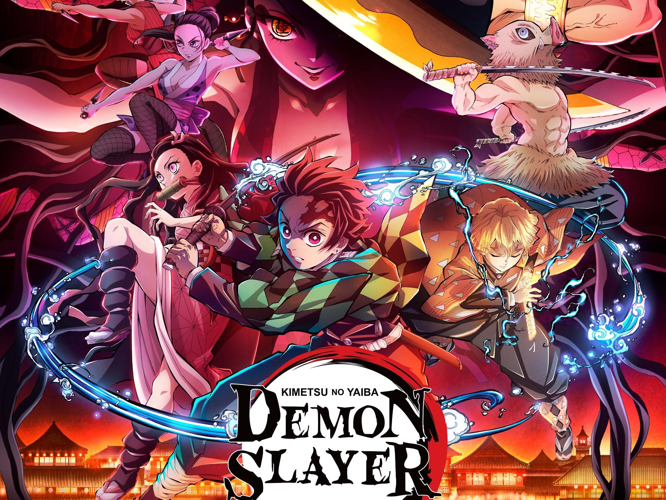 Poster art for 'Demon Slayer' Season 2, which accompanied its release date announcement. It shows the 'Demon Slayer' show characters Tanjiro in front swinging his sword and the rest of the characters behind him.