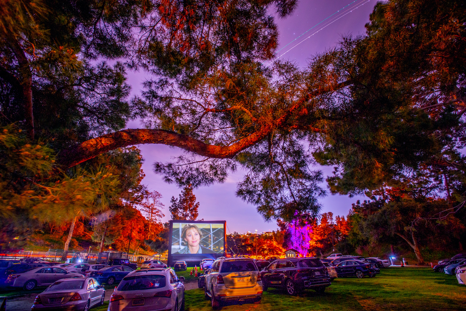 Photo of a drive-in movie theater surrounded by trees