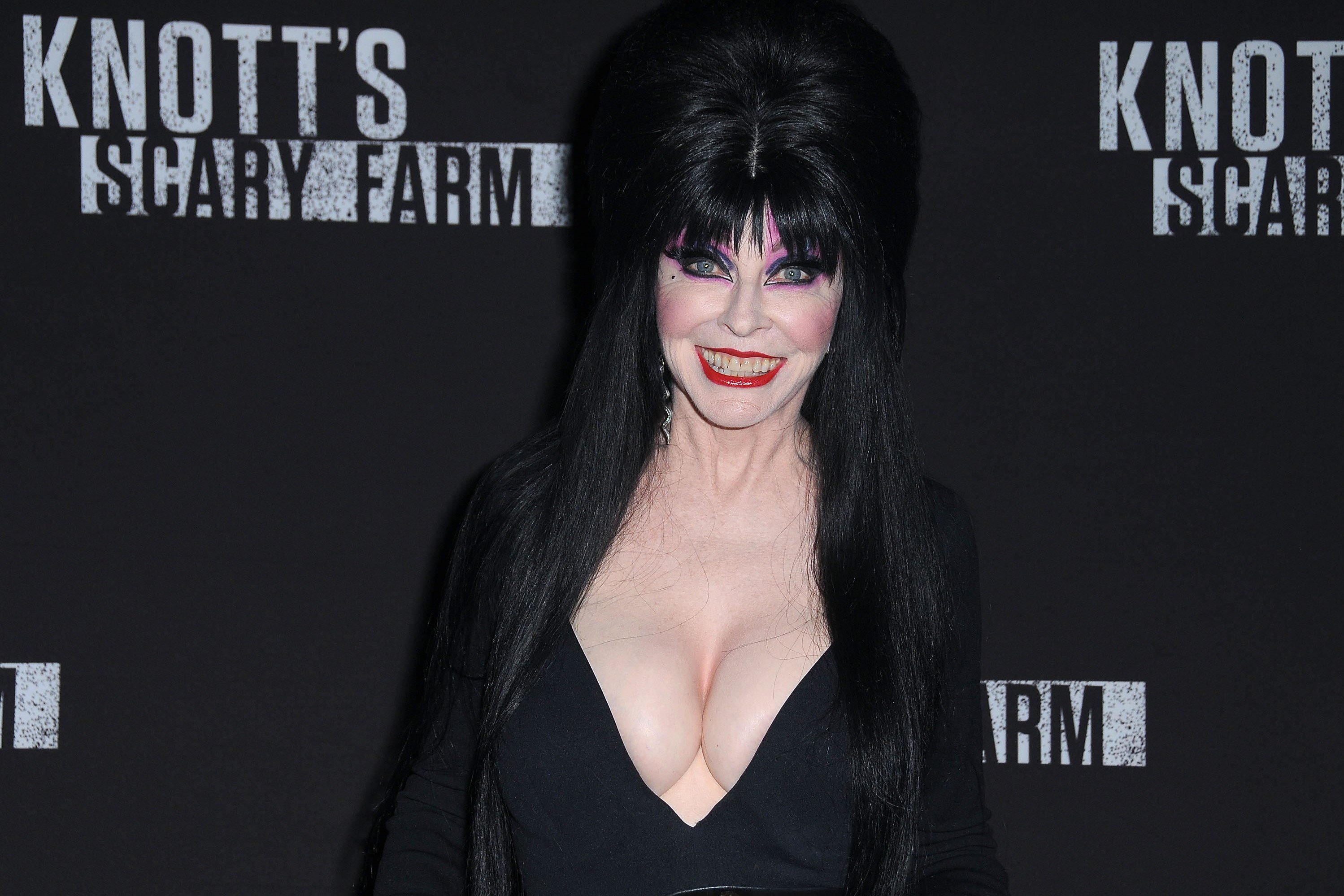 Cassandra Peterson, as her character Elvira, Mistress of the Dark -- in a black plunge-neck dress and a black wig -- at Knott's Scary Farm and Instagram Celevrity Night in 2017.