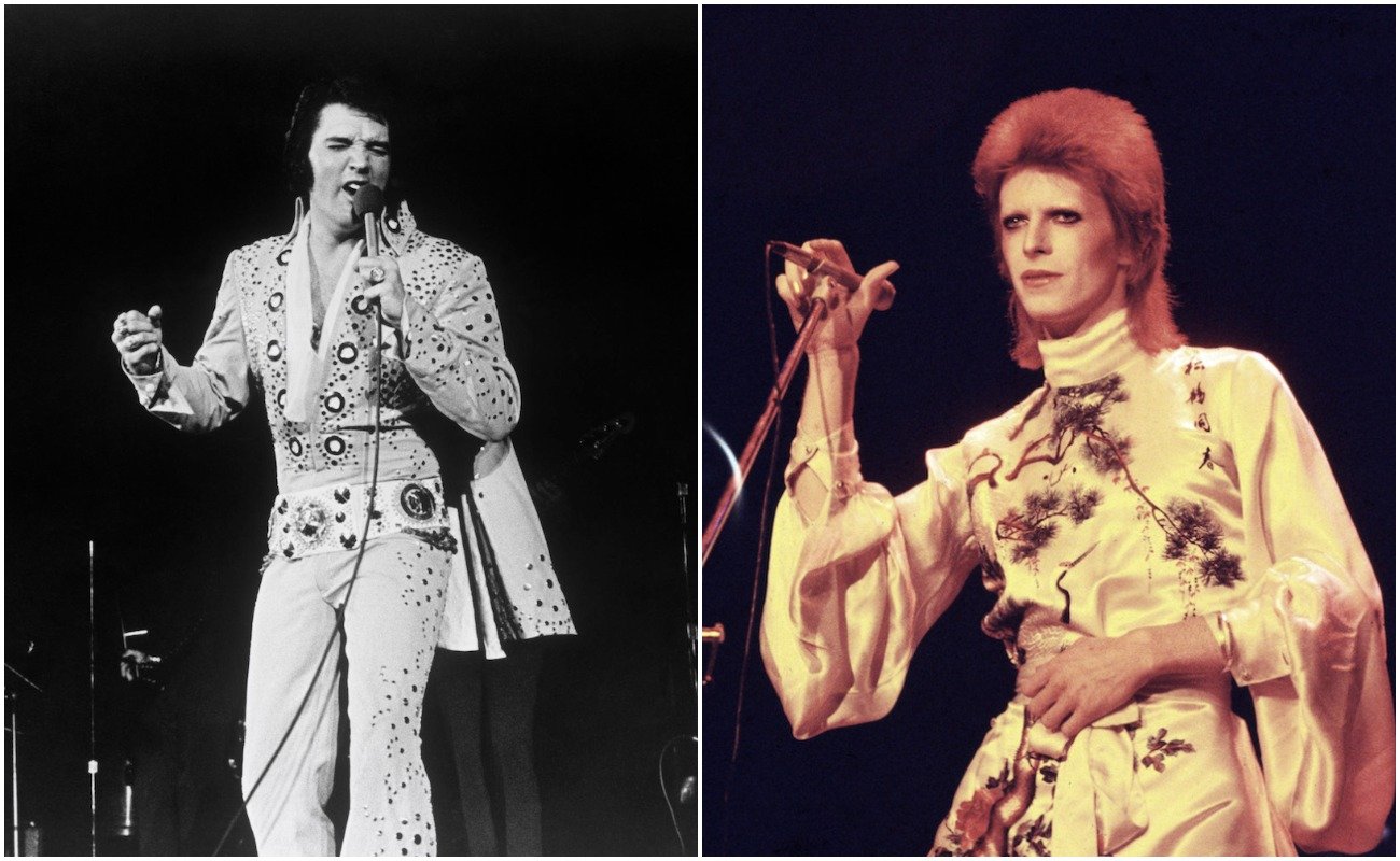 Elvis Presley performing in 1972, and David Bowie performing in 1973.