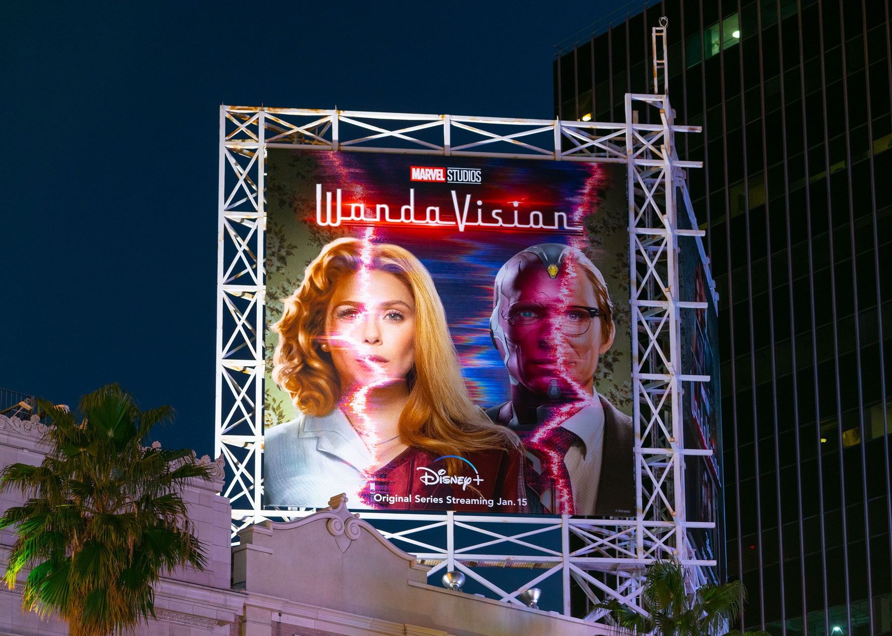 2021 Emmy predictions focus on WandaVision - a sign for WandaVision overlooking Hollywood Blvd. is pictured here