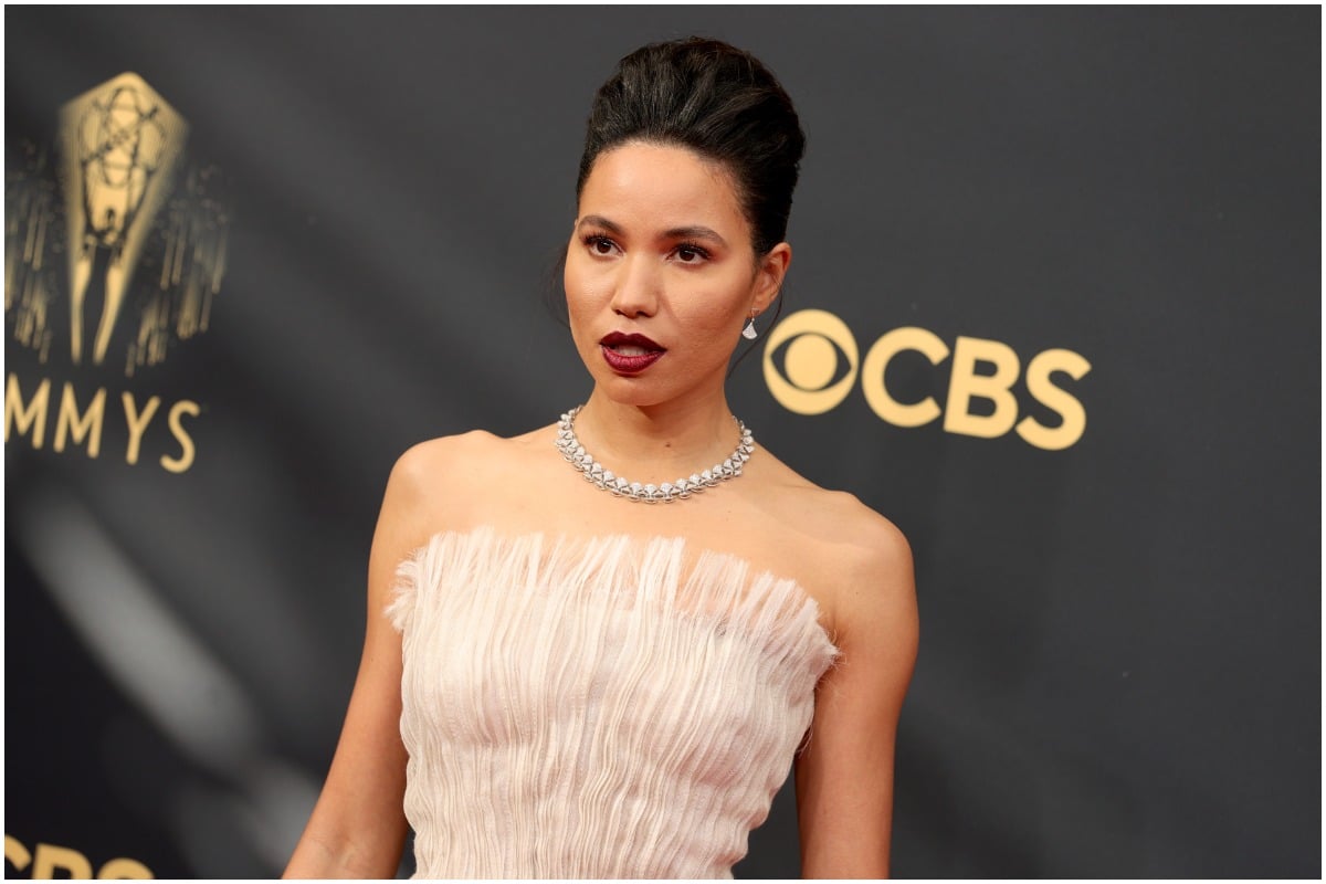 Emmys 2021 nominee Jurnee Smollett gazing at the camera in a Dior dress.