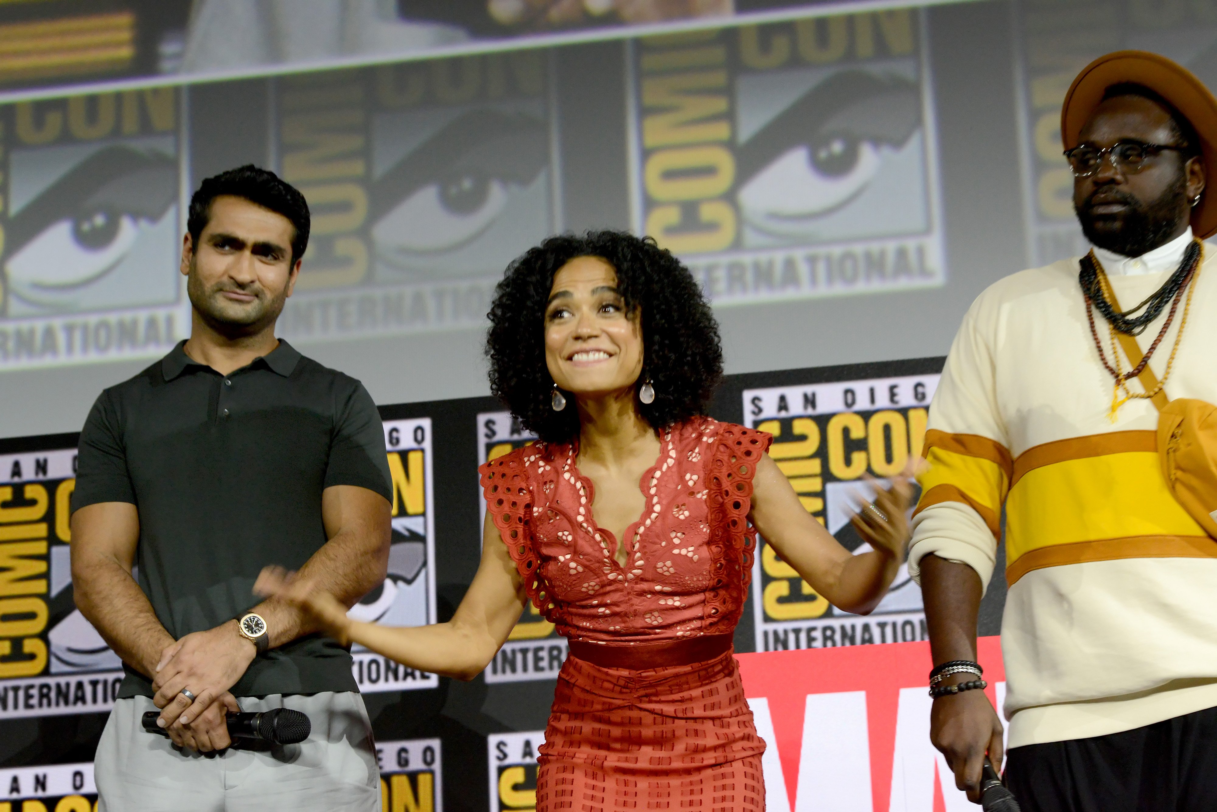 'Eternals' stars Kumail Nanjiani, Lauren Ridloff and Brian Tyree Henry speak onstage at San Diego Comic-Con.