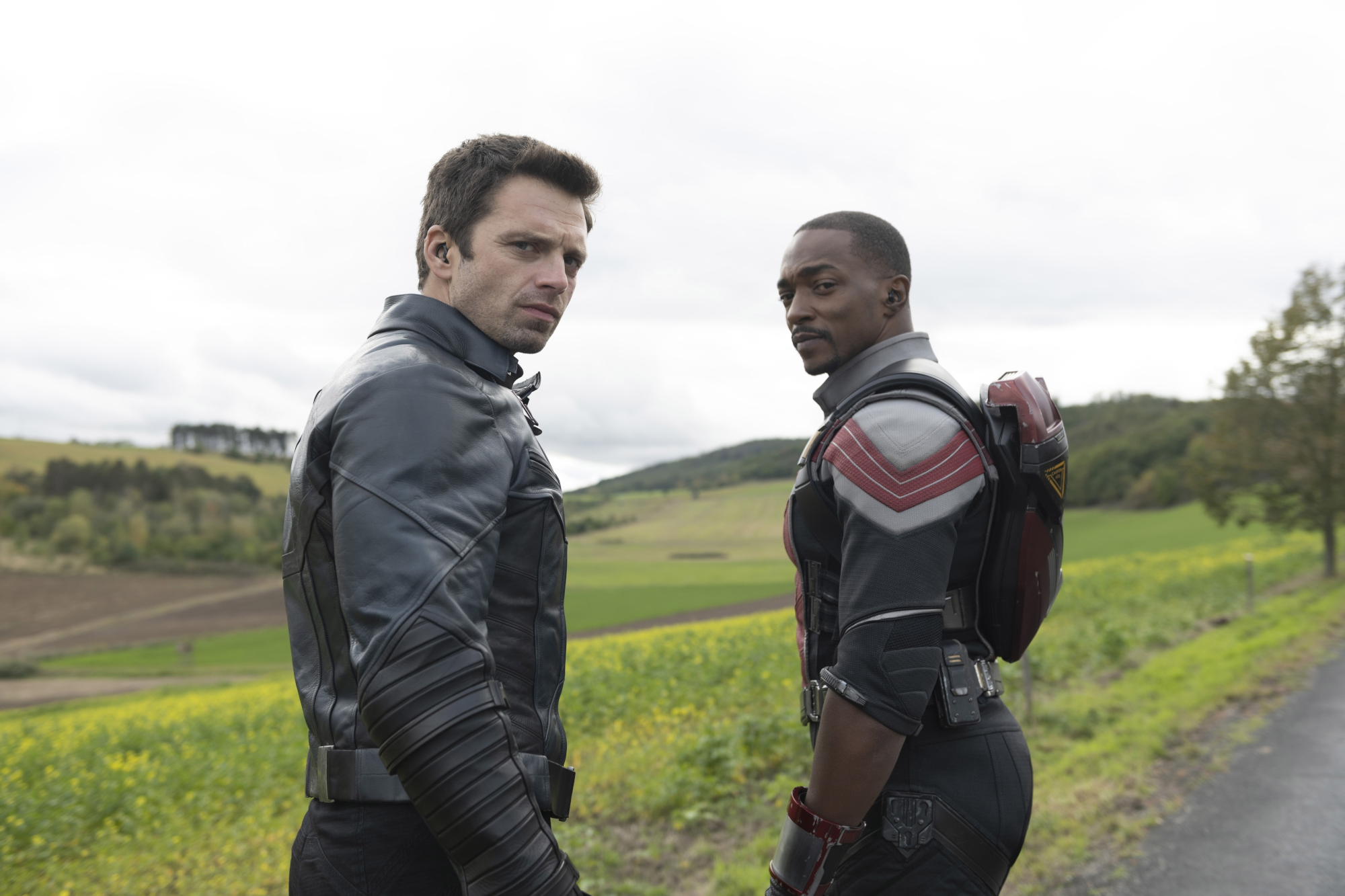 Sebastian Stan and Anthony Mackie in Marvel's 'The Falcon and the Winter Soldier.' Stan wears a black leather jacket on the right, and Mackie wears his black and red Falcon suit on the left. Their bodies are turned away from the camera, but they're both looking back at it. Which episode of the Disney+ show is the best?