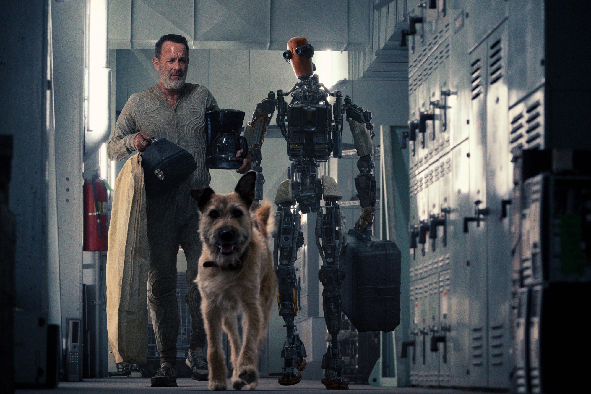 'Finch' actor Tom Hanks, Caleb Landry Jones in motion capture, and dog