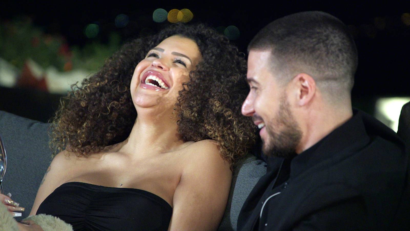 Akielia laughs sitting next to Vinny Guadagnino on 'Double Shot at Love' Season 3