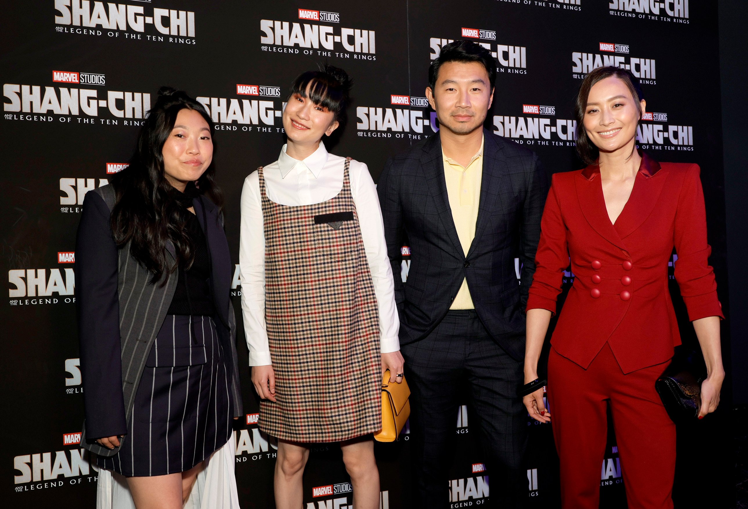 The cast of 'Shang-Chi and the Legend of the Ten Rings' poses for pictures at the Gold House special screening of the film.