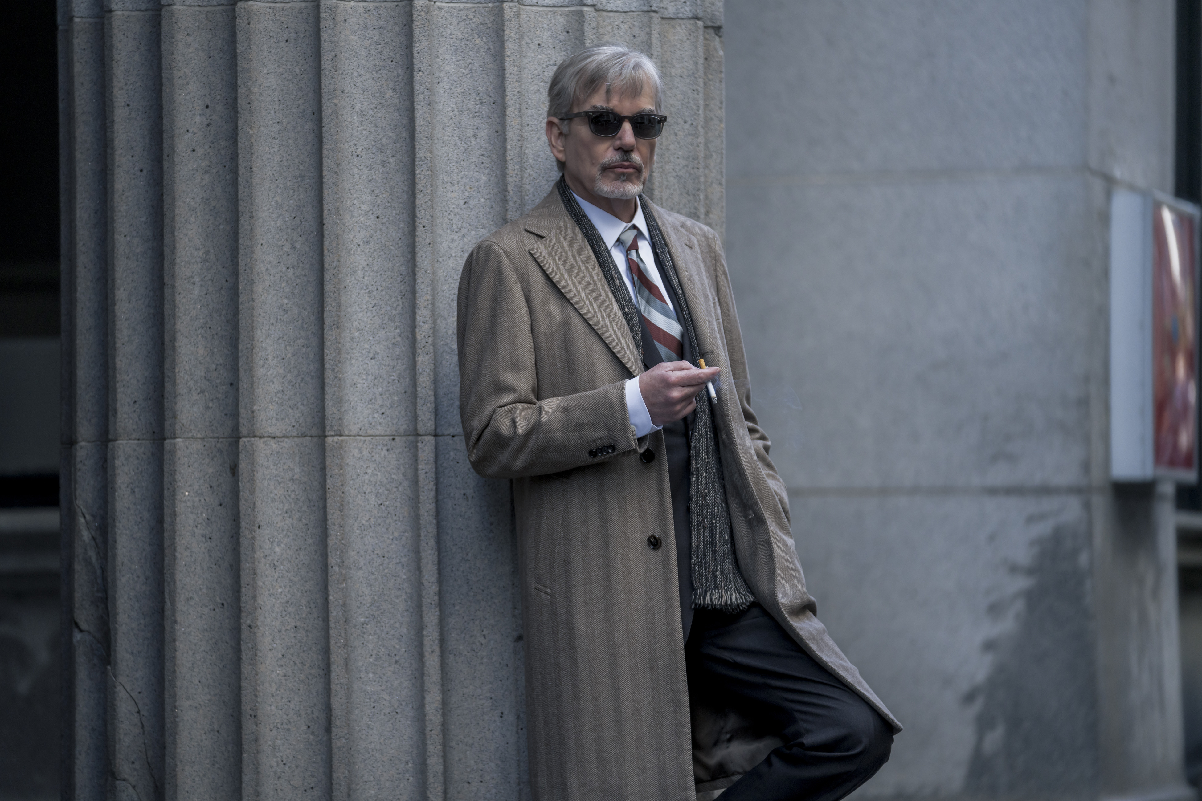 Billy McBride (Billy Bob Thornton) wearing sunglasses and trench coat in 'Goliath' Season 4