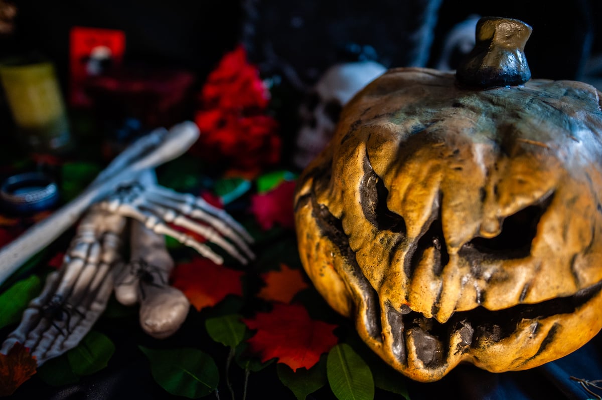 Pumpkin and bones on a table