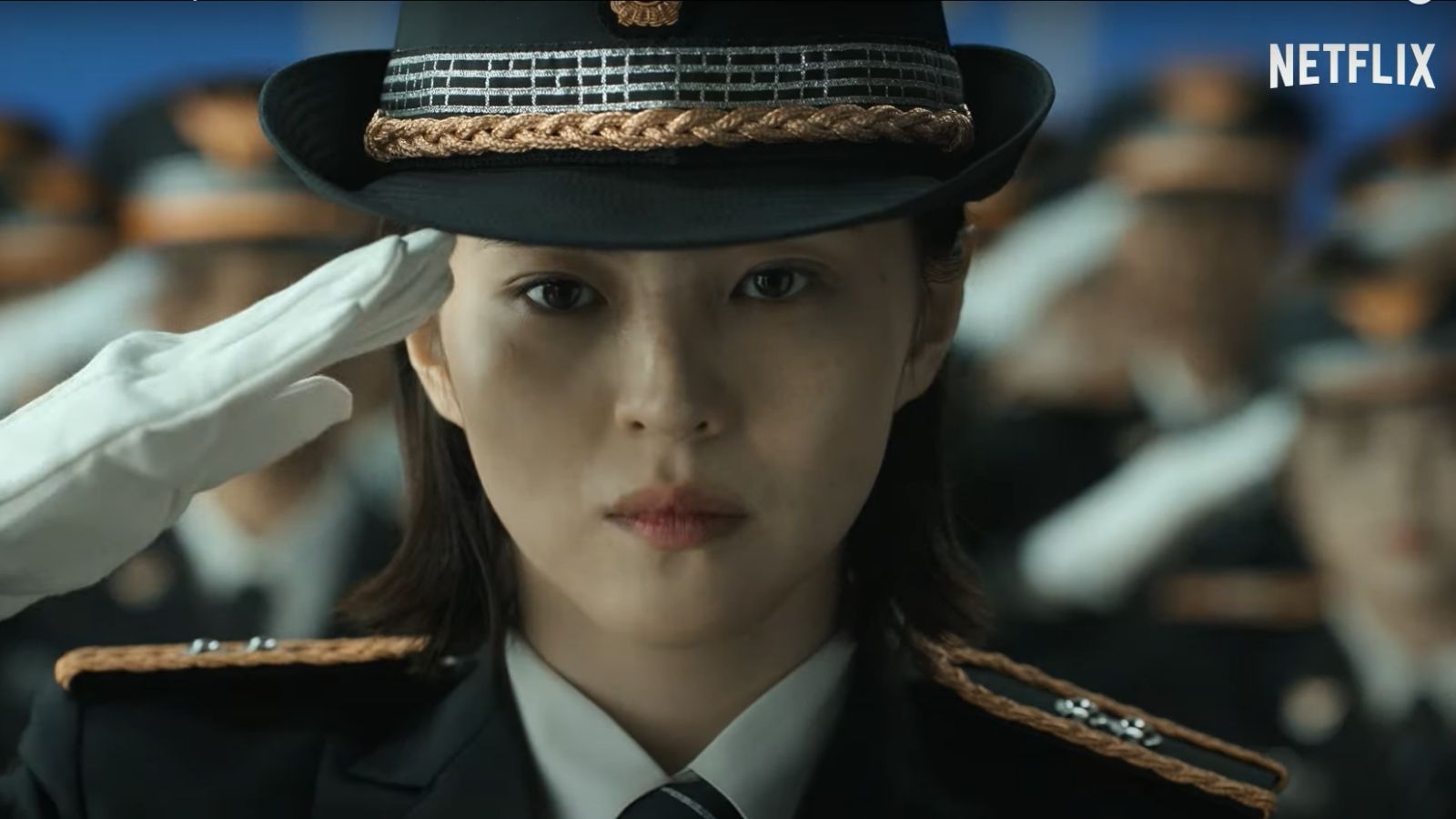 Han So-Hee in 'My Name' Netflix teaser for October in police uniform doing hand salute