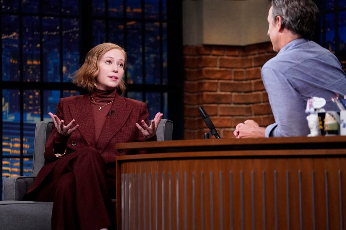'Hacks' actor Hannah Einbinder chats with Seth Meyters during an August 2021 appearance on 'Late Night with Seth Meyers.'