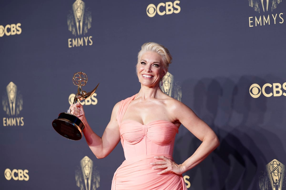 'Ted Lasso' star Hannah Waddingham poses with her Supporting Actress Emmy at the 2021 Primetime Emmy Awards.