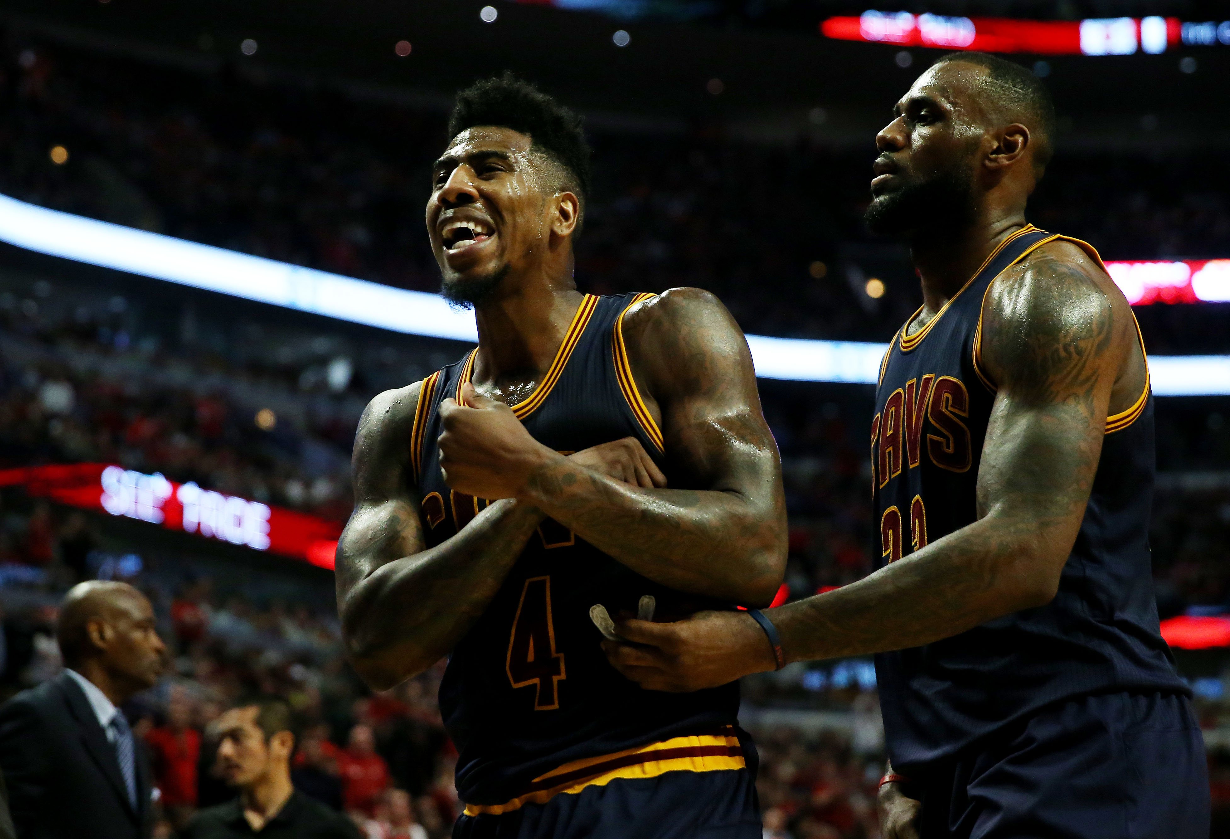 Iman Shumpert and LeBron James reacting in the second quarter against the Chicago Bulls during Game 6 of the Eastern Conference Semifinals
