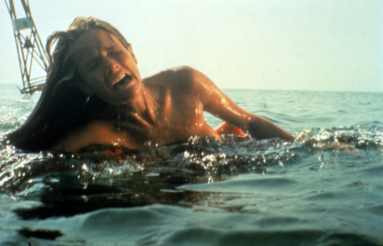 Jaws cast member screams in the water, filmed on Martha's Vineyard