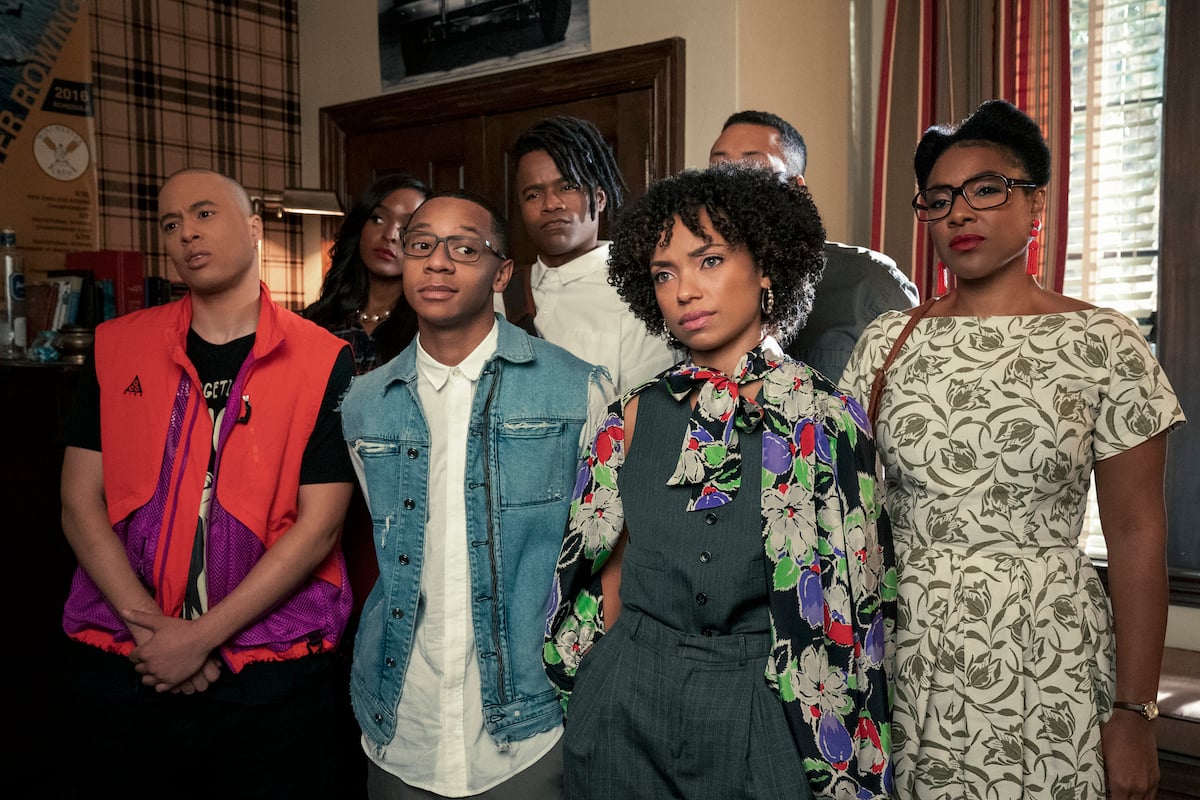 Jemar Michael, Antoinette Robertson, Derom Horton, Marque Richardson, Logan Browning, and Courtney Sauls standing next to each other in 'Dear White People' Season 4.
