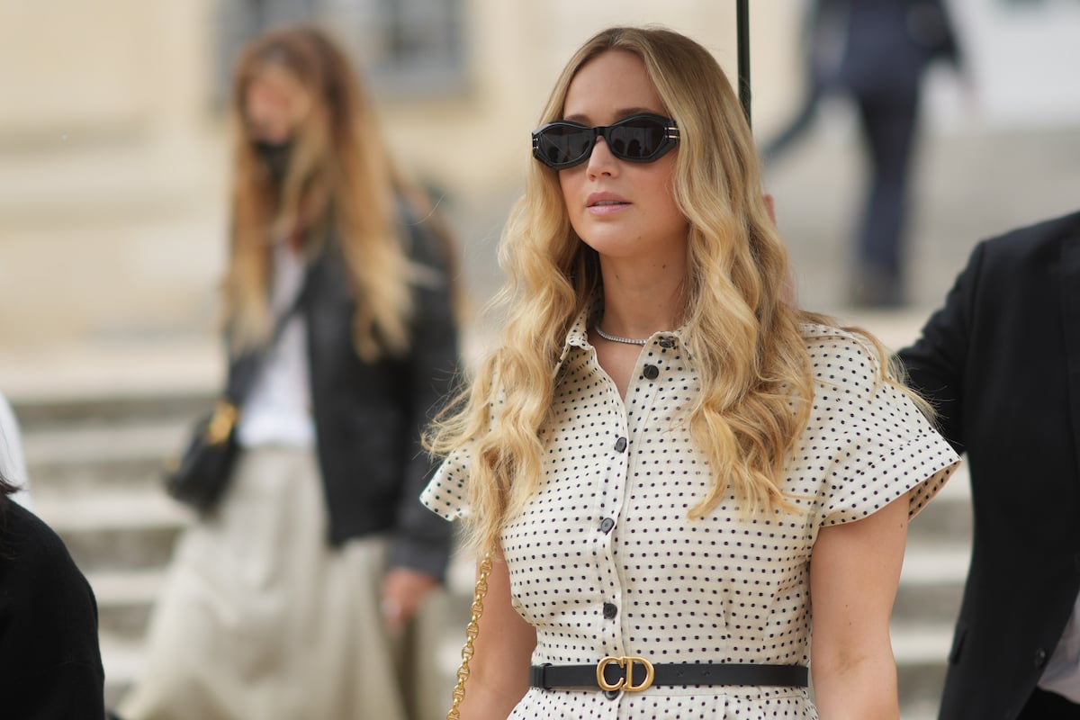 Oscar winner Jennifer Lawrence wears a black and white dress in Paris