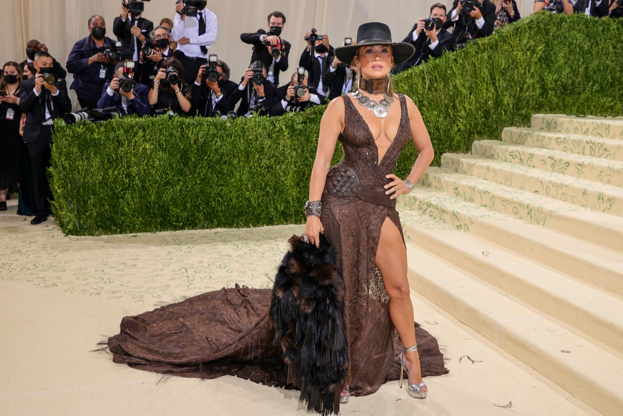 Jennifer Lopez posing at the 2021 Met Gala