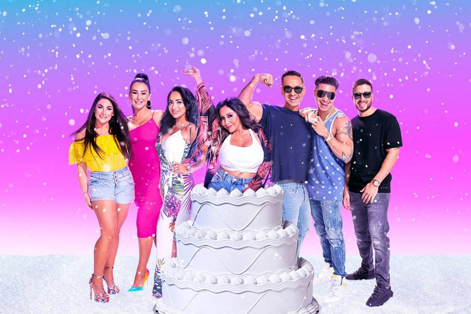 Deena Cortese, Jenni 'JWoww' Farley, Angelina Pivarnick, Nicole 'Snooki' Polizzi popping out of a cake, Mike 'The Situation' Sorrentino, DJ Pauly D, and Vinny Guadagnino in a promotional image for 'Jersey Shore: Family Vacation'