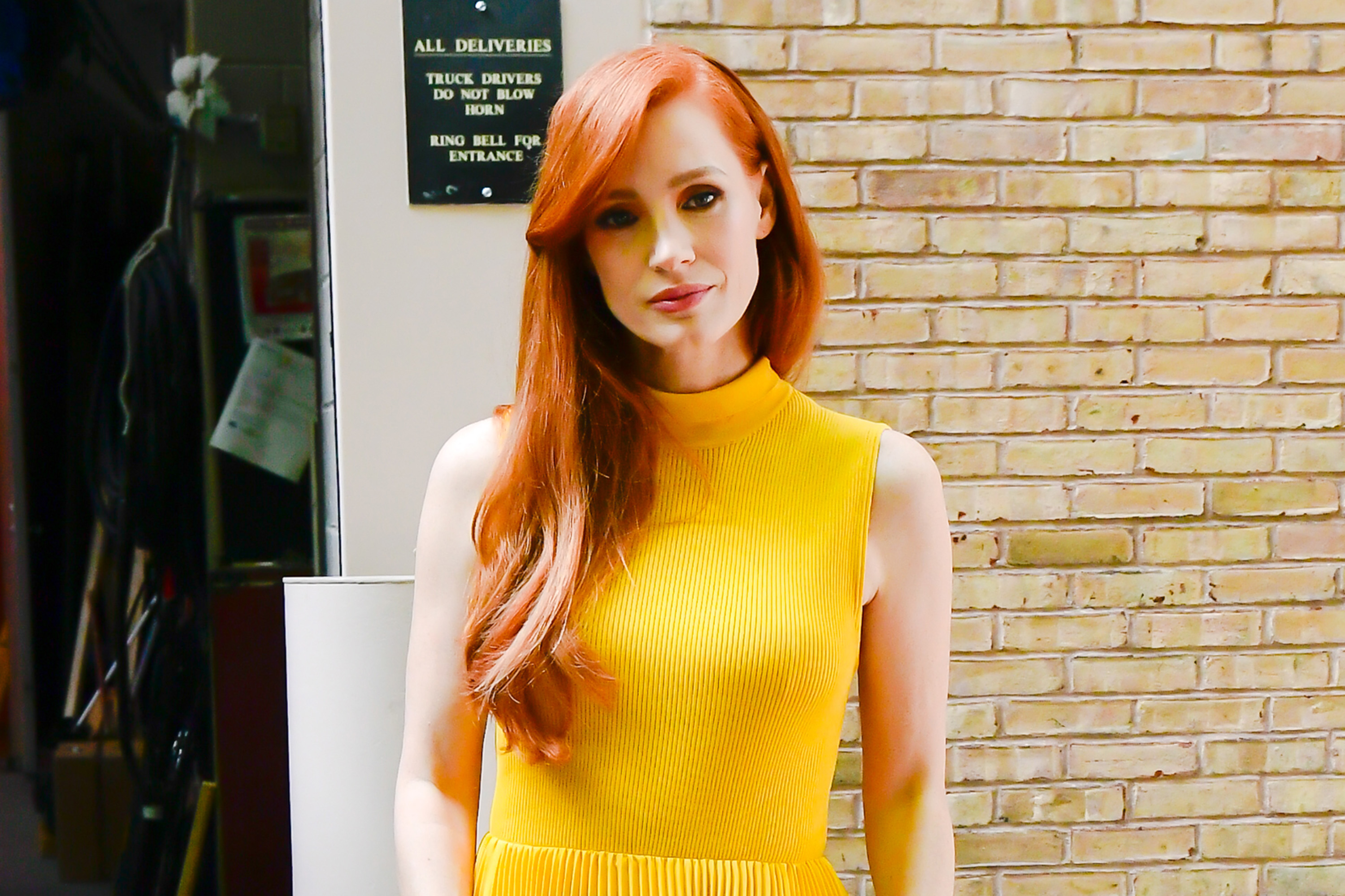 Jessica Chastain, in a yellow dress, spotted in New York City in 2021.