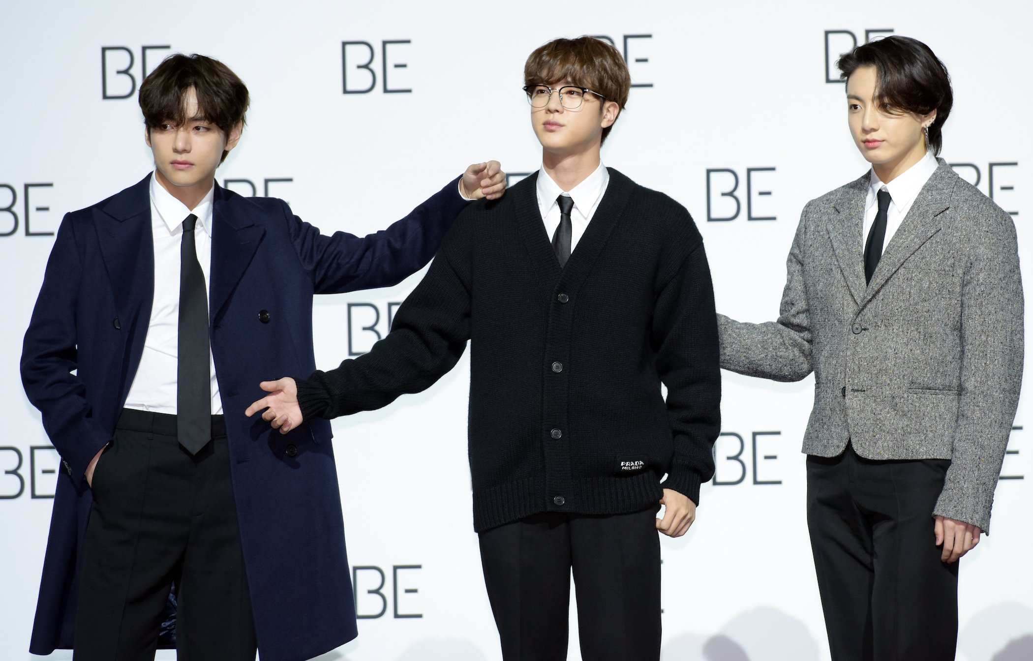 V, Jin, Jungkook of BTS during BTS's New Album 'BE (Deluxe Edition)' Release Press Conference