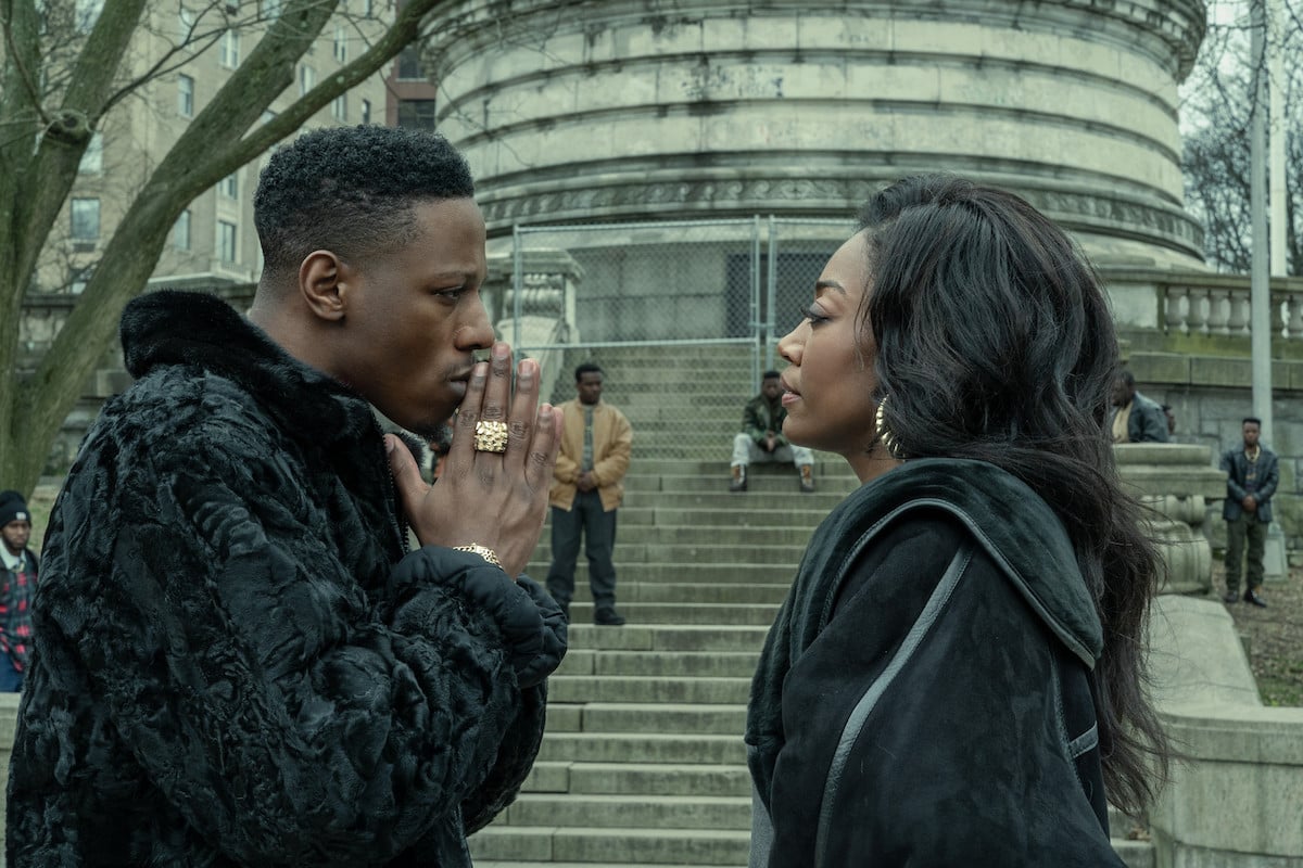 Joey Bada$$ as Unique and Patina Miller as Raquel "Raq" Thomas having a tense conversation in 'Power Book III: Raising Kanan'