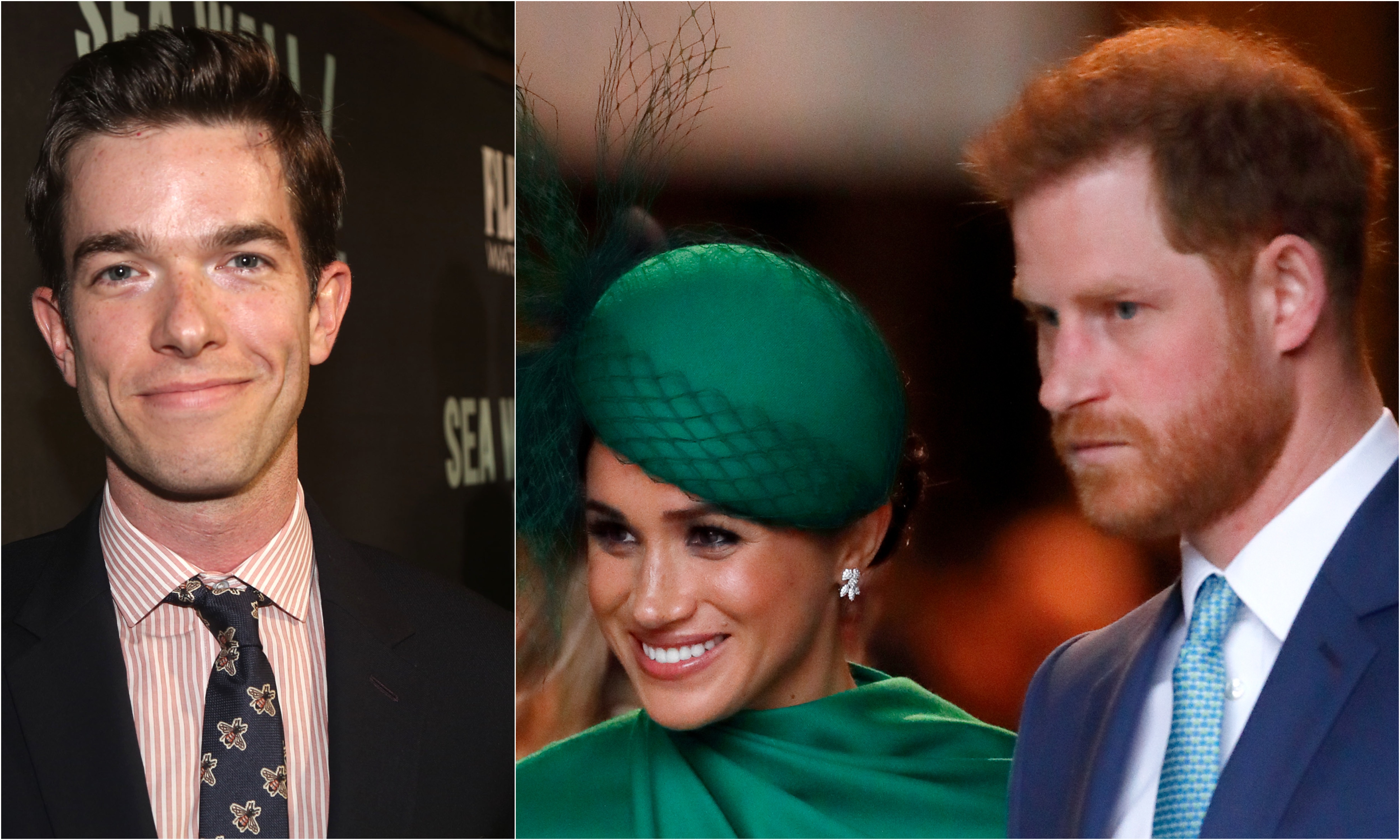 A joined photo of John Mulaney, Meghan Markle, and Prince Harry