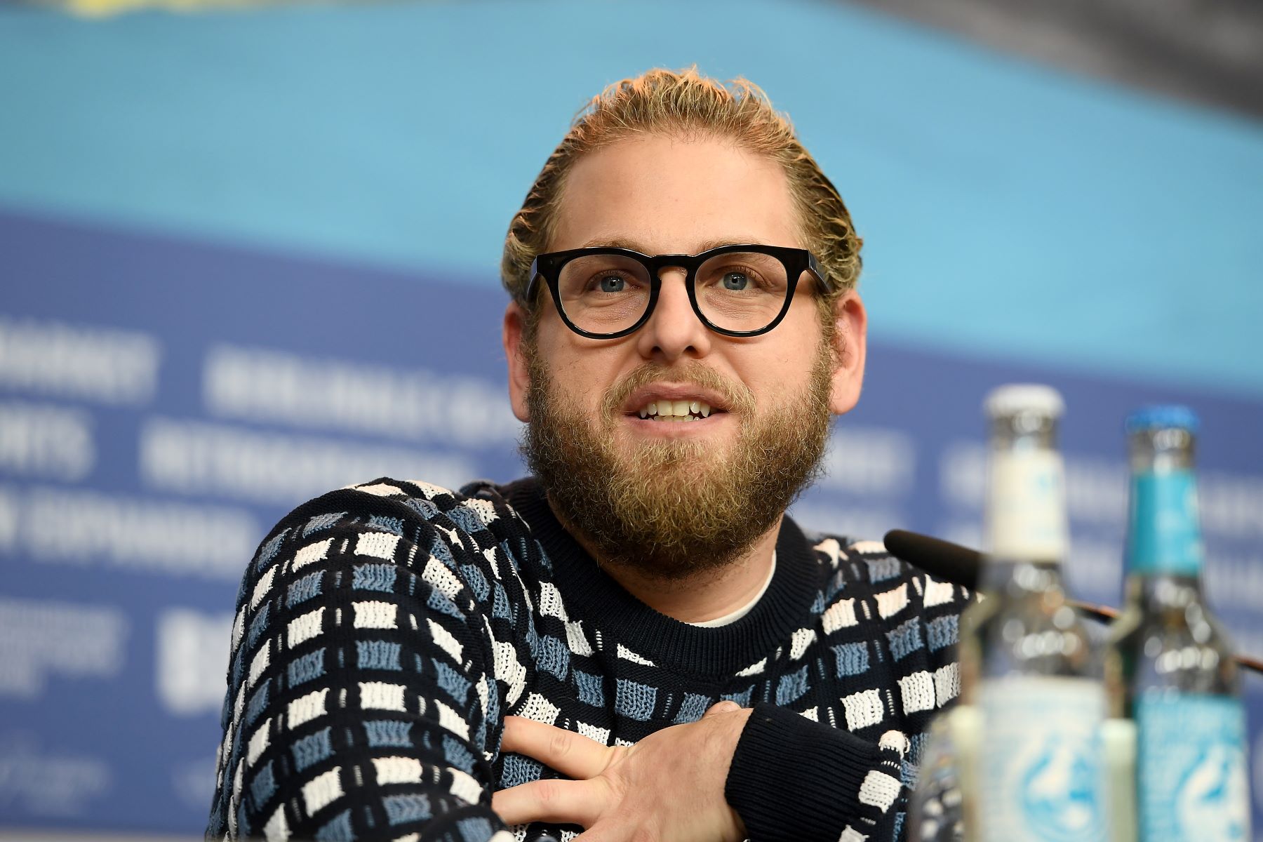 Jonah Hill attending a press conference for 'Mid 90's' at the Berlinale International Film Festival Berlin at the Grand Hyatt Hotel