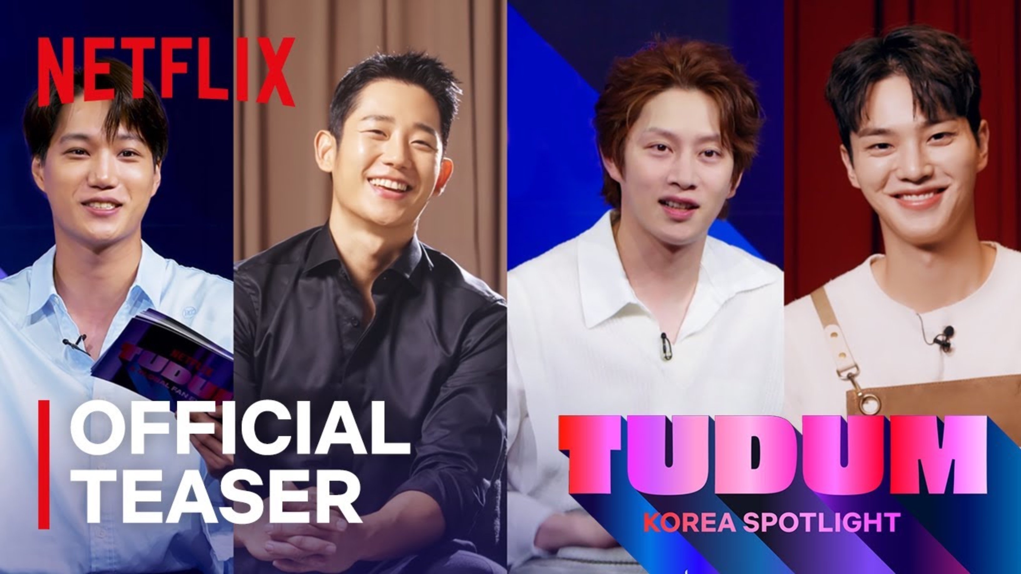 Kai, Jung Hae-In, Kim Hee-Chul and Song Kang for 'Tudum: Korea Spotlight' Netflix event wearing button up shirts on set