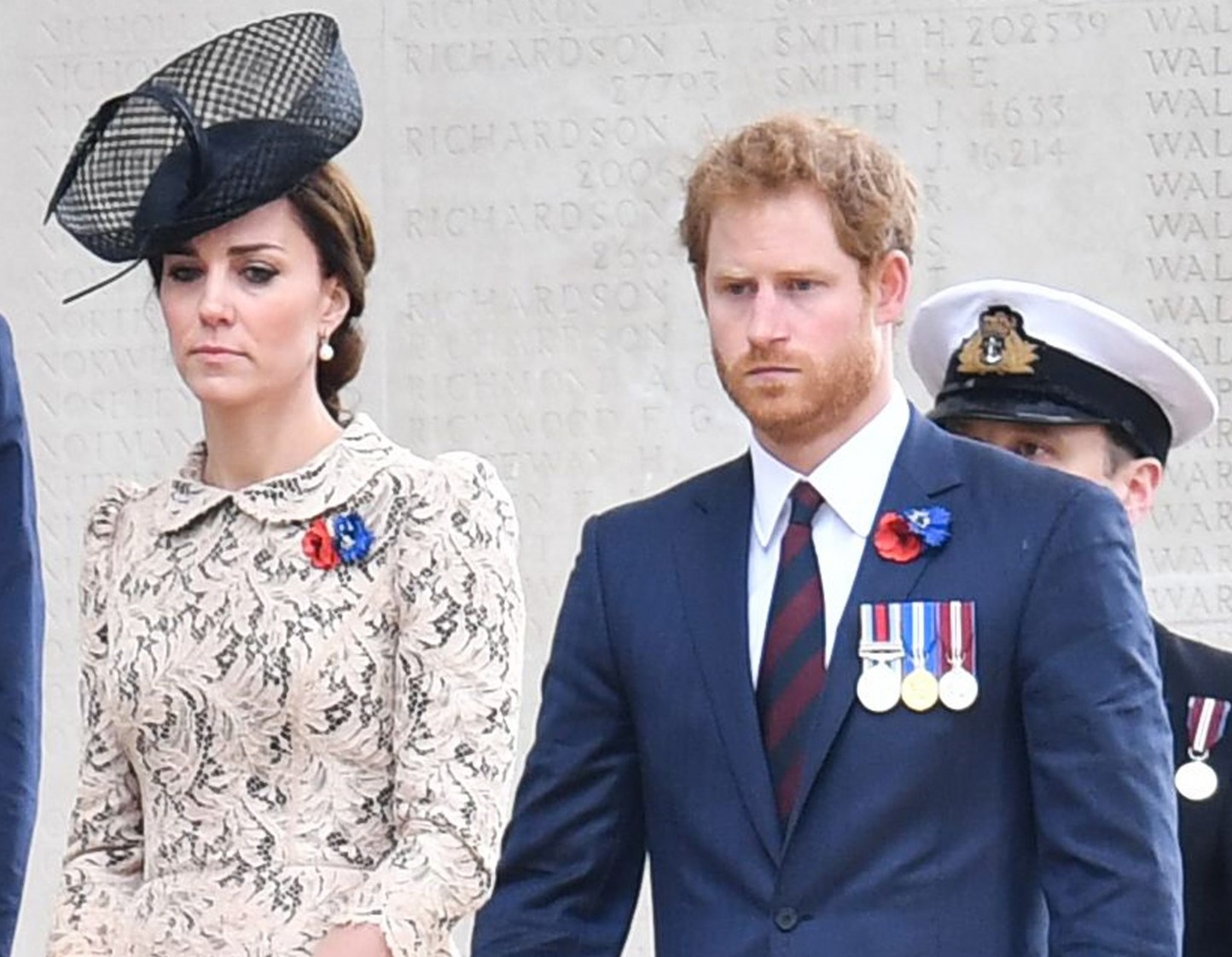 Kate Middleton and Prince Harry looking somber at the commemoration of the Battle of the Somme