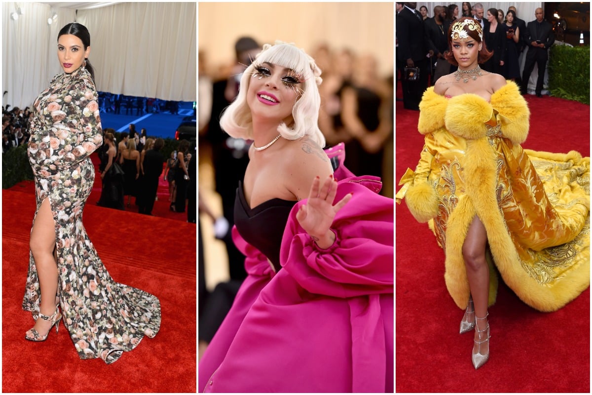 Kim Kardashian West, Lady Gaga, and Rihanna attending The Met Gala throughout the years in couture gowns.