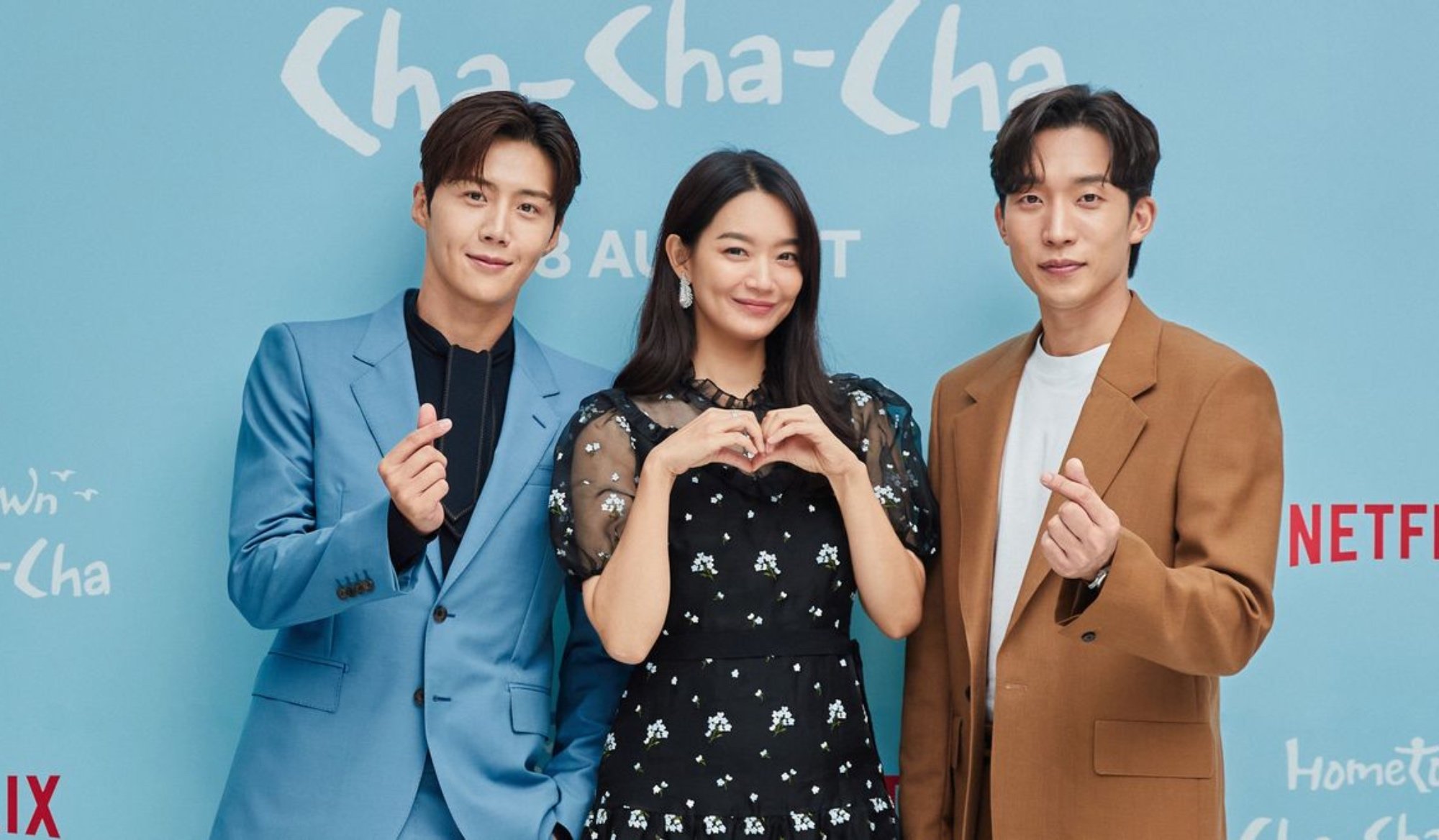 Kim-Seon-Ho, Shin-Min-A, Lee-Sang-Yi in 'Hometown-Cha-Cha-Cha' Netflix K-drama wearing blue and brown suit and floral dress