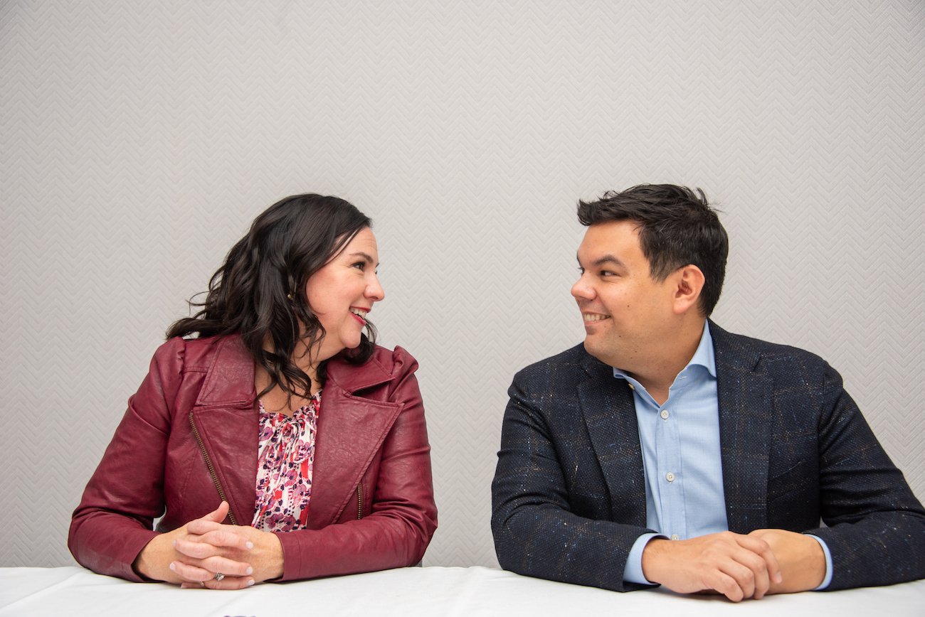 Kristen Anderson-Lopez and Robert Lopez at a press conference. 