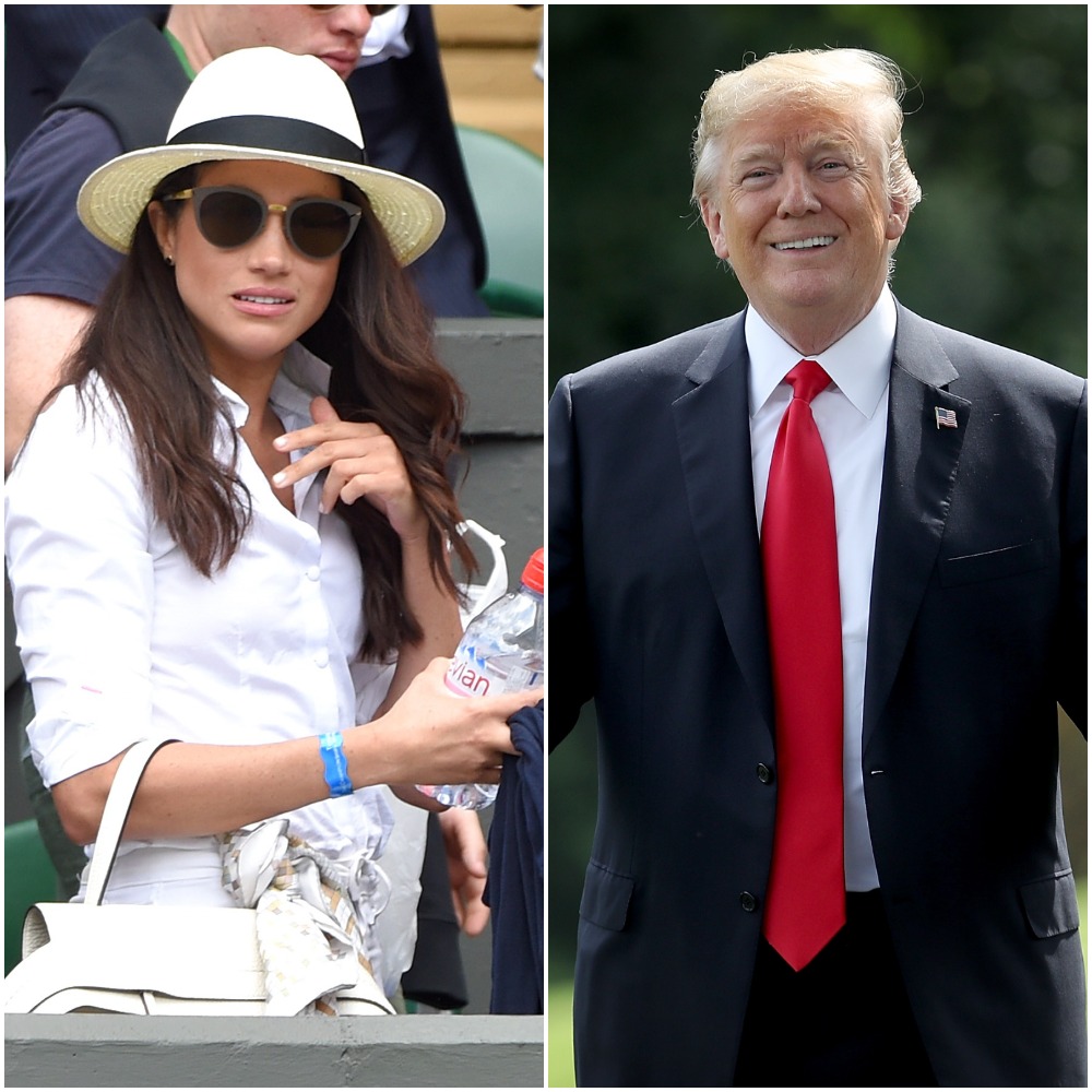 (L) Meghan Markle wearing sunglasses and a hat at Wimbledon, (R) Donald Trump gesturing toward journalists outside the White House