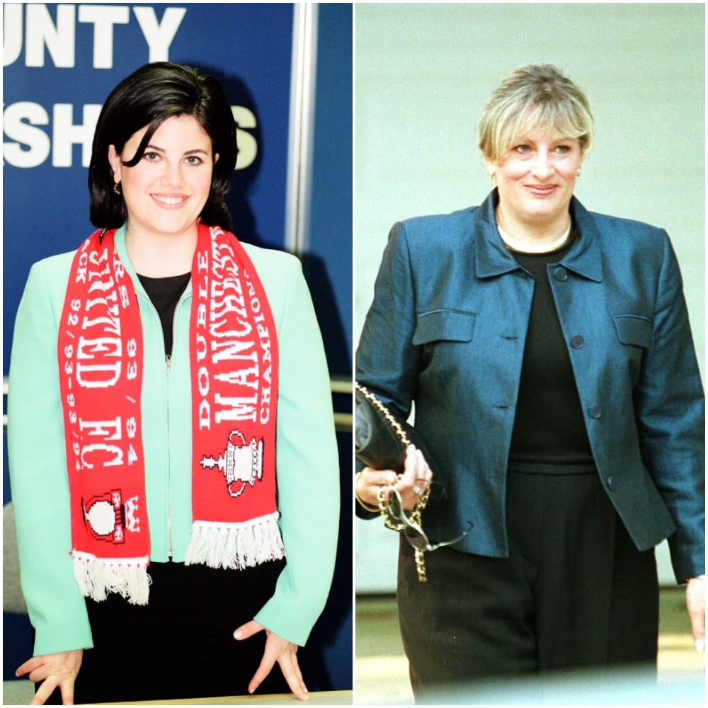 (L) Monica Lewinsky smiling at a book signing tour, (R) Linda Tripp leaves her Maryland home in 1998 to appear at a federal