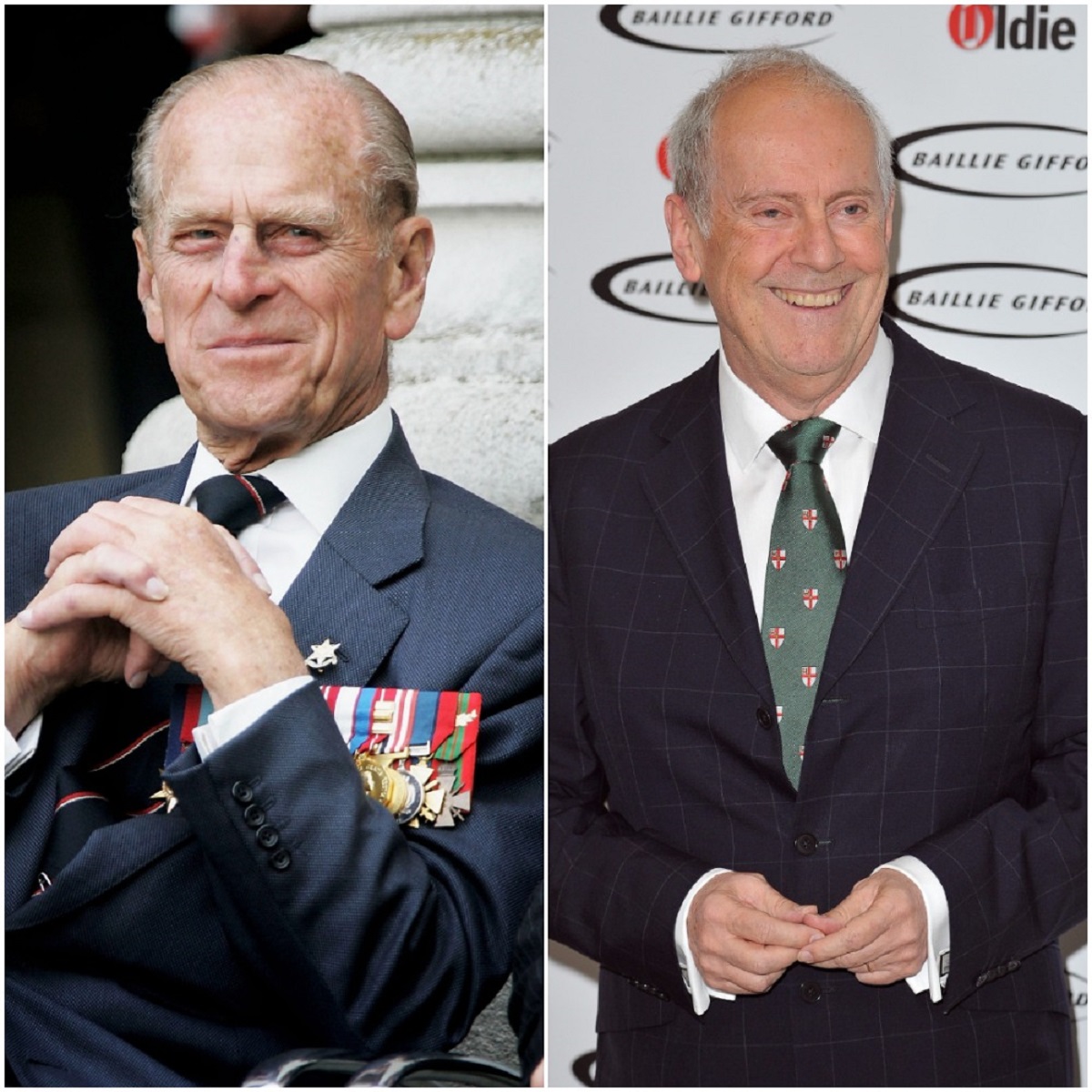 (L) Prince Philip seated with his hands folded while watching  the Gurka band march past, (R) Gyles Brandreth on the red carpet the 'Oldie Of The Year Awards'