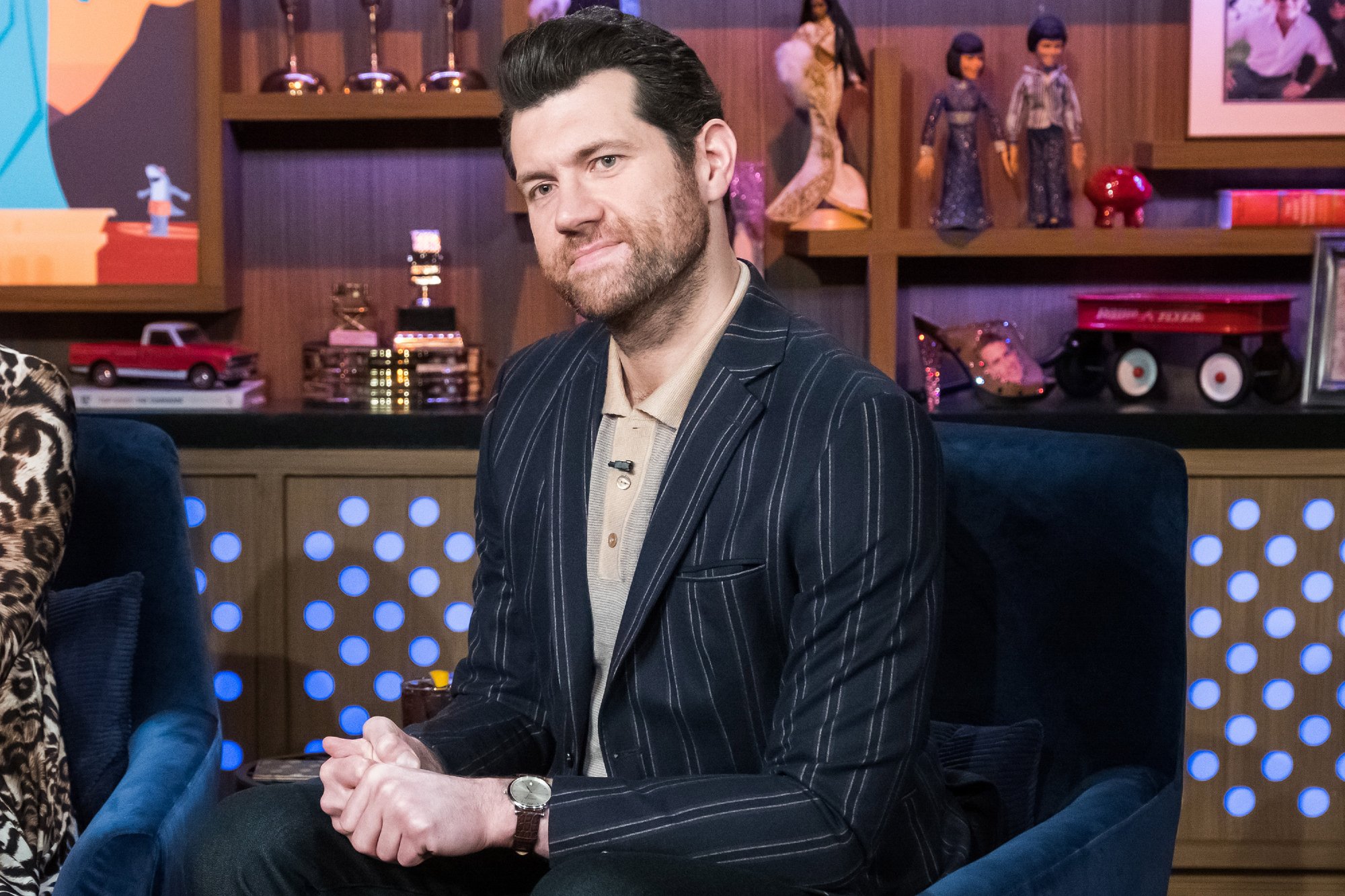 LGBTQ film 'Bros' star Billy Eichner sitting on a chair on 'Watch What Happens Live With Andy Cohen'