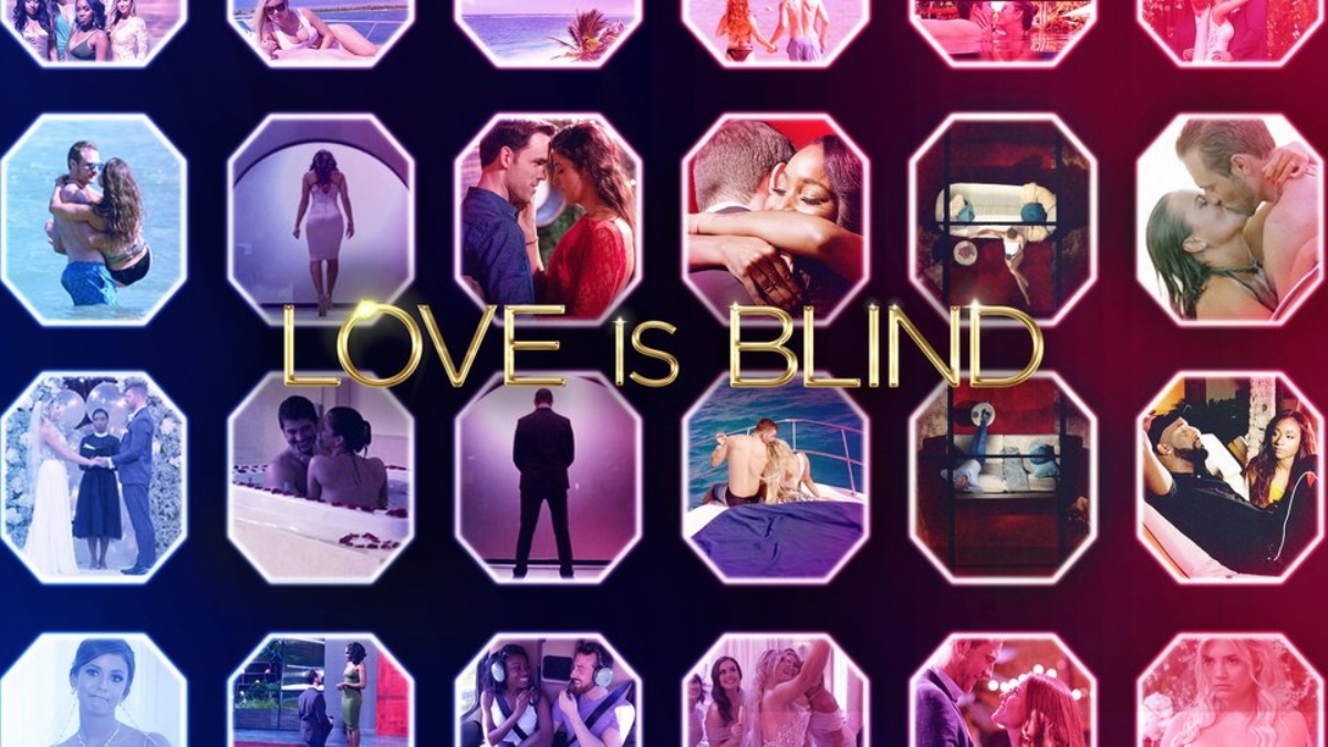 'Love is Blind' logo with photos of the couples in the pods on Netflix