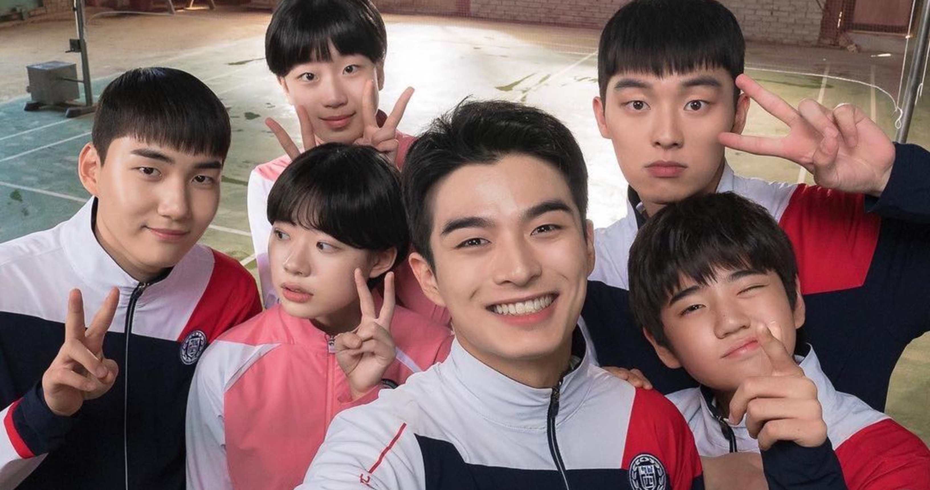 Main cast of Netflix's 'Racket Boys' wearing their uniforms taking a selfie