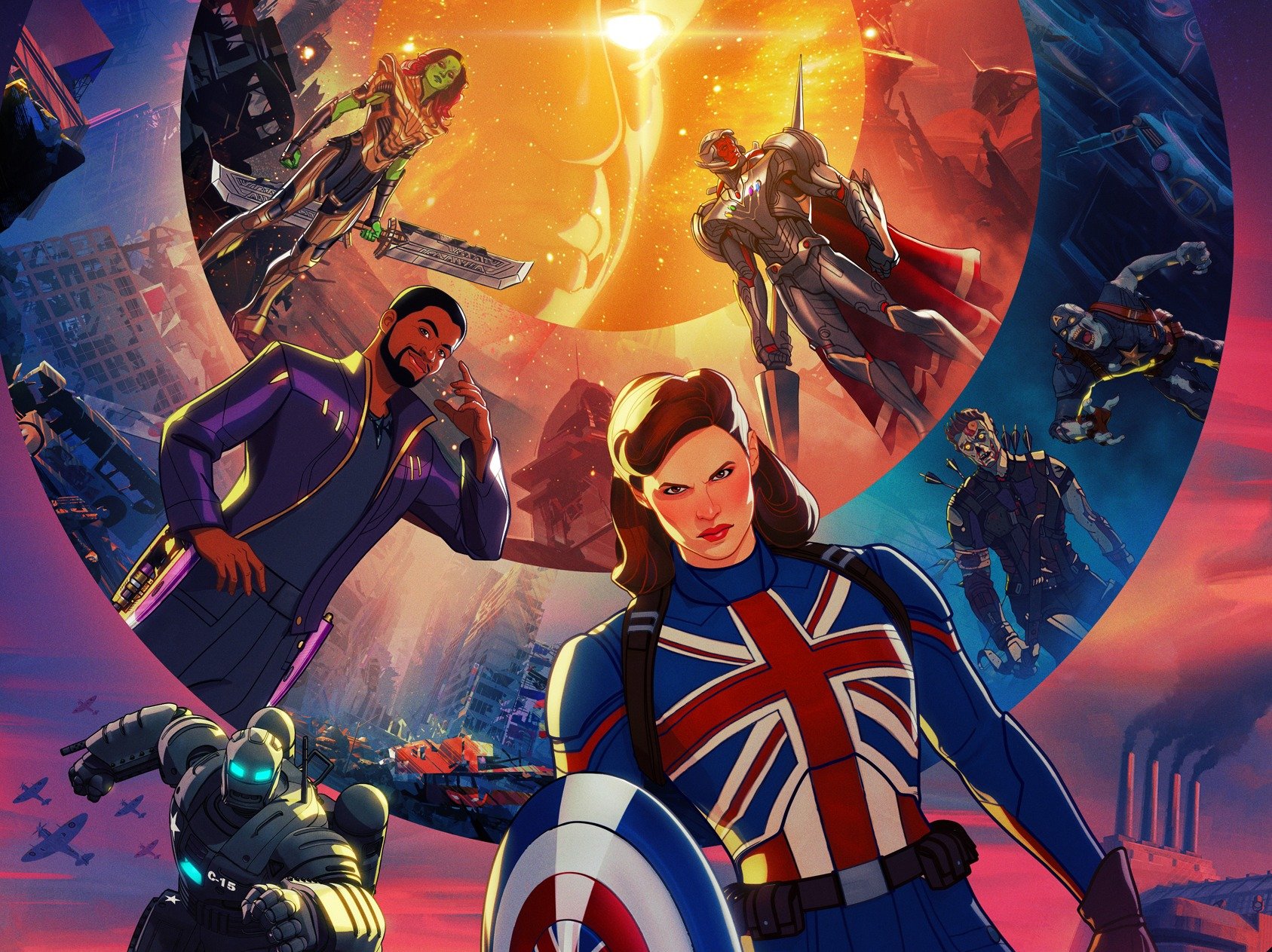 The poster for Marvel's 'What If...?' It shows Peggy Carter dressed as Captain Carter in the front, with T'Challa standing behind her. Zombie Avengers are on her left.