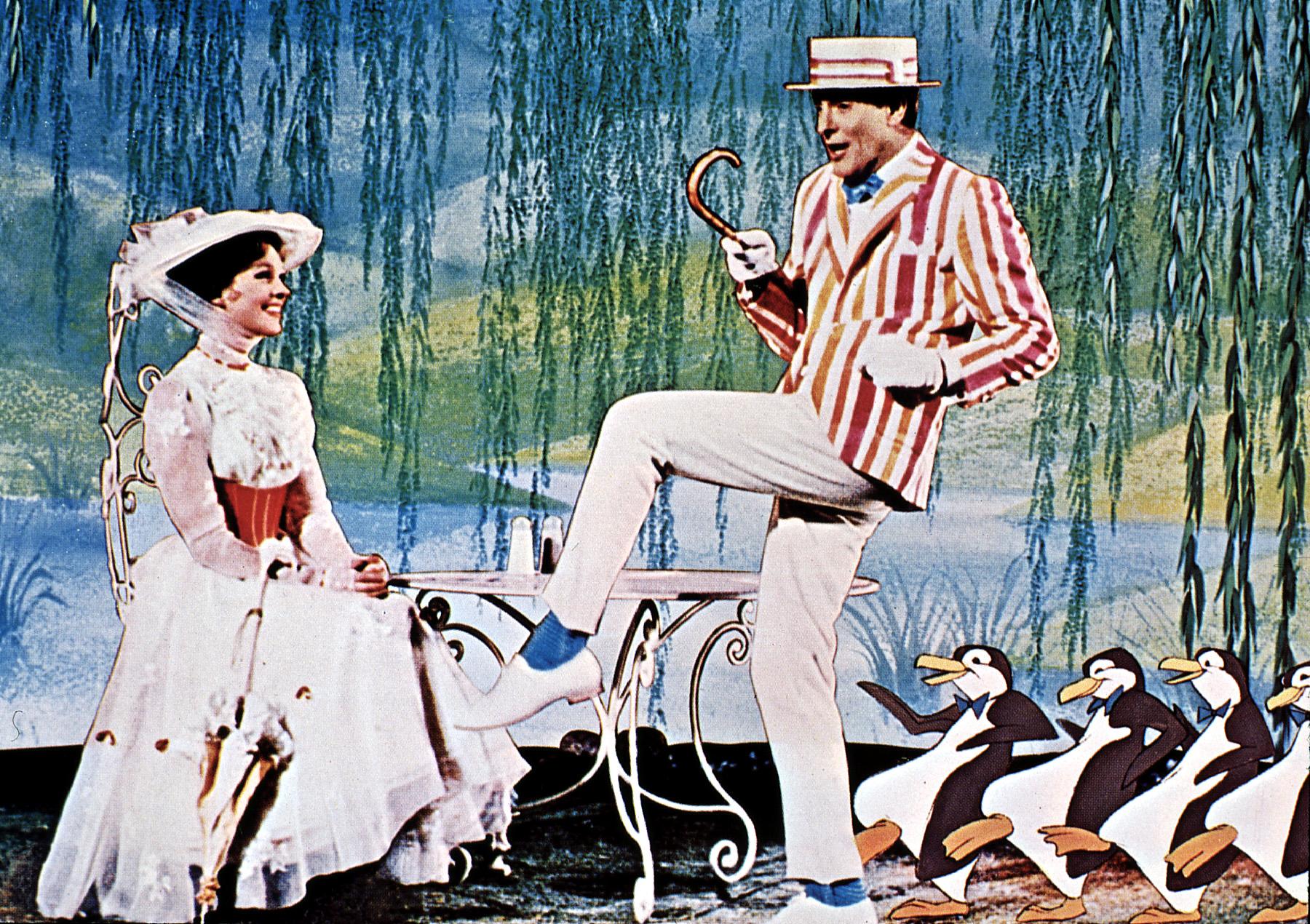 Dick van Dyke and Julie Andrews perform a scene from the Disney Mary Poppins movie