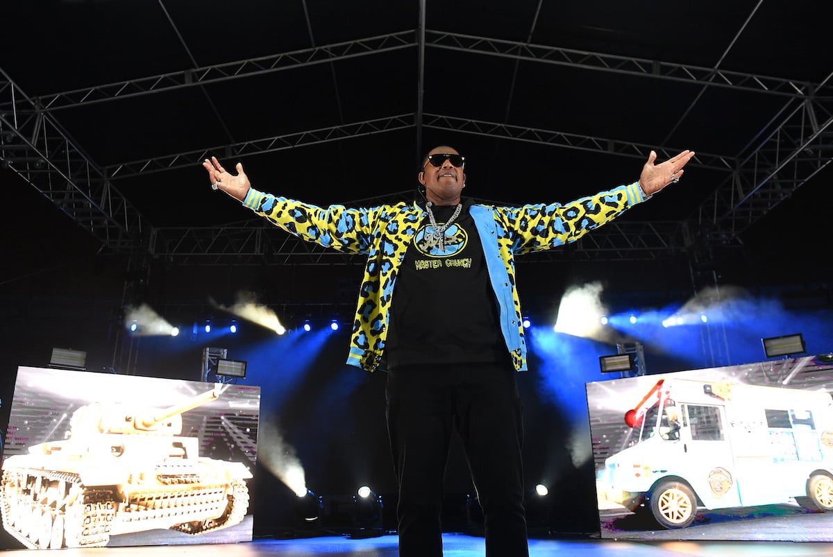 Master P performs in a blue, yellow and black leopard jacket during his No Limit Reunion Tour during 2020 Funkfest at Legion Field on November 07, 2020 in Birmingham, Alabama.