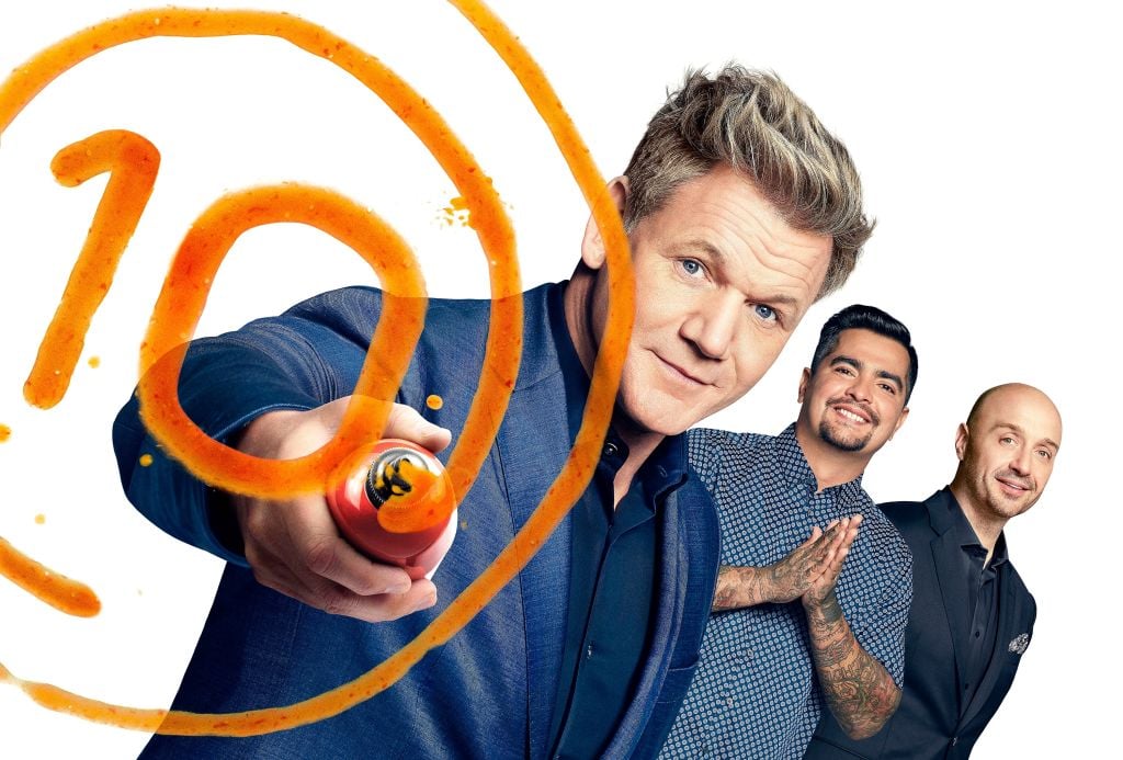 Host/judge Gordon Ramsay, judge Aarón Sánchez and judge Joe Bastianich pose for the promotional photo for 'MasterChef' Season 10.