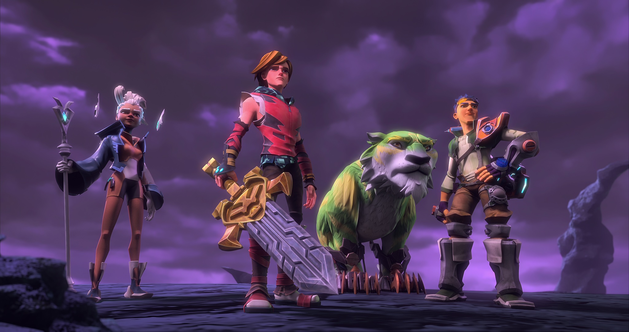 Masters of the Universe: Prince Adam, Cringer, Duncan and Teela look over the mountain