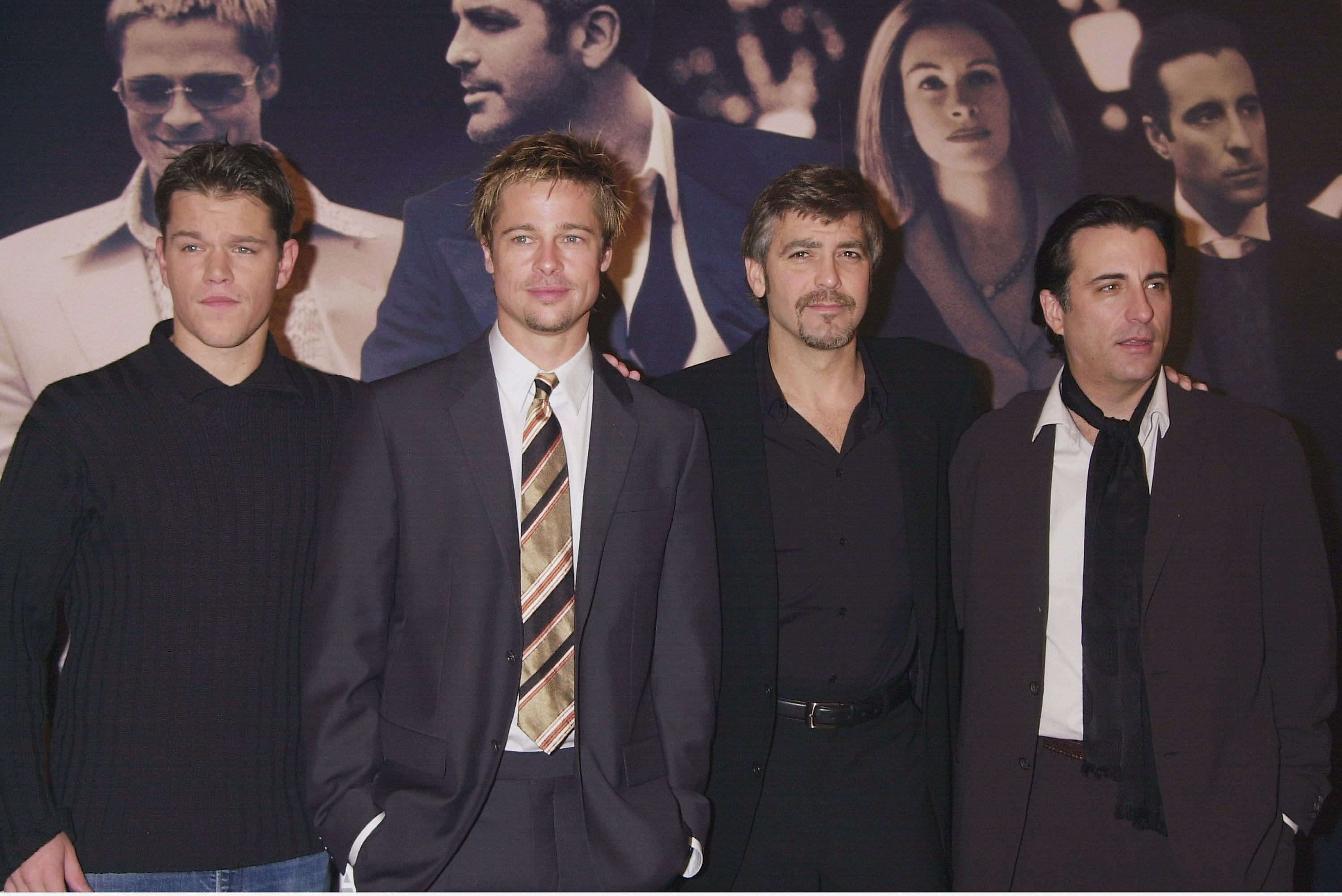 Matt Damon, Brad Pitt, George Clooney and Andy Garcia promote their film 'Ocean's 11' in London in 2001.