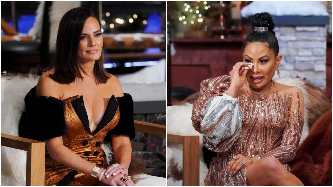 Meredith Marks sitting at the 'RHOSLC' Season 1 reunion; Jen Shah wiping tears from her eyes at the 'RHOSLC' Season 1 reunion